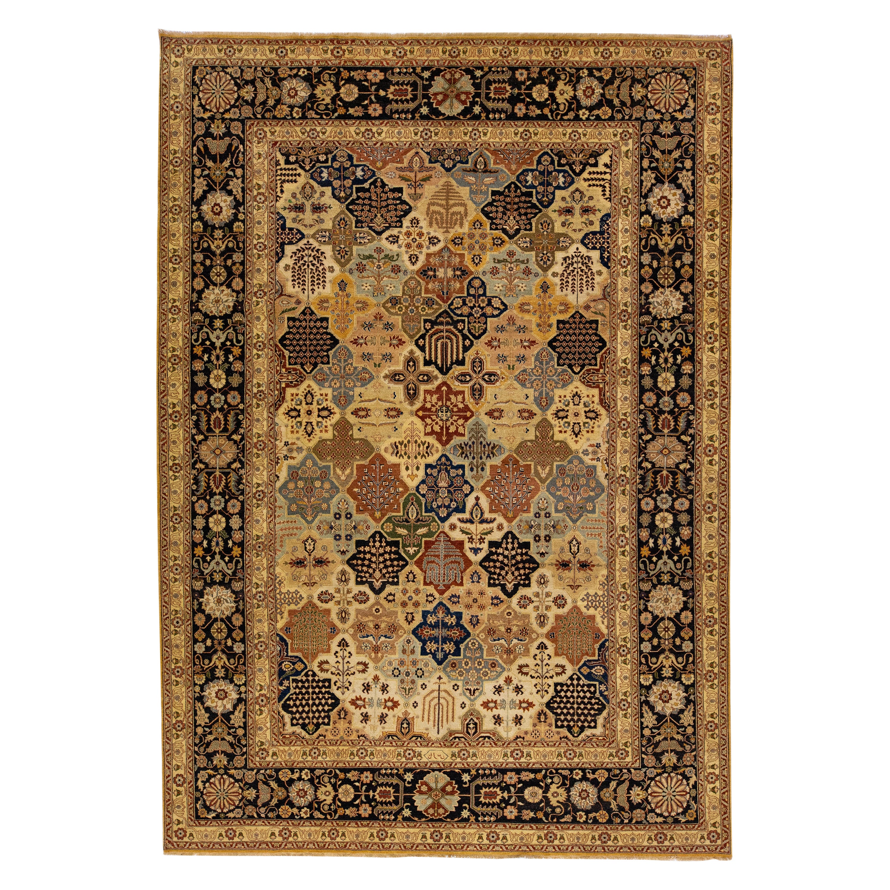 Tapis moderne en laine de style Tabriz, fait à la main et de couleur havane, avec  Motif floral intégral