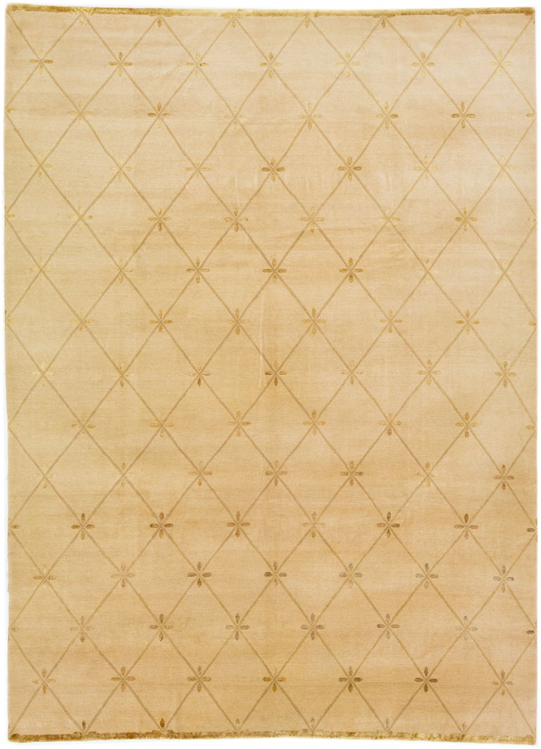 Tan Modern Tibetan Handmade Tribal Designed Wool and Silk Rug For Sale ...