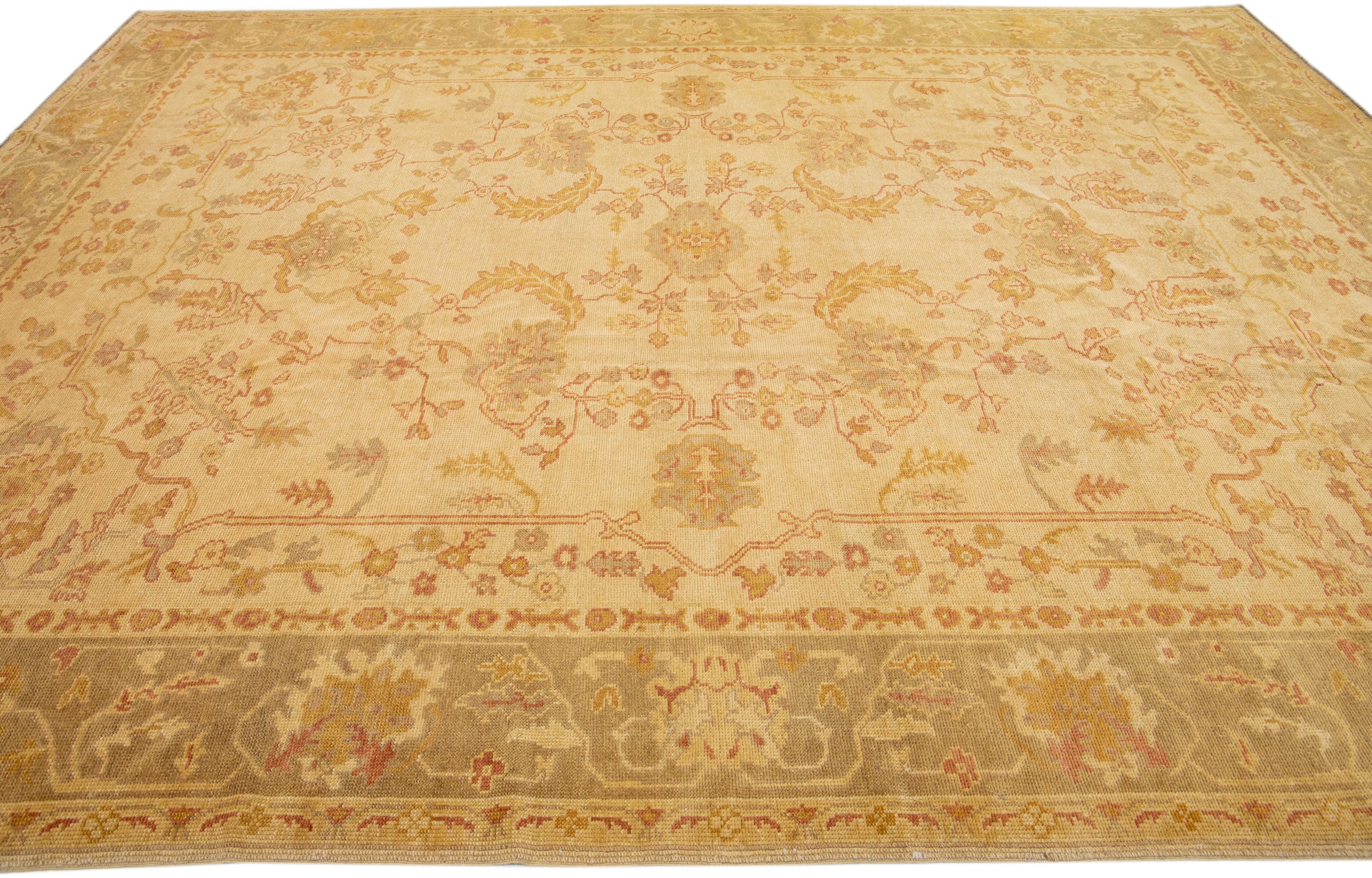 Hand-Knotted Tan Modern Turkish Oushak Handmade Wool Rug With Floral Motif For Sale