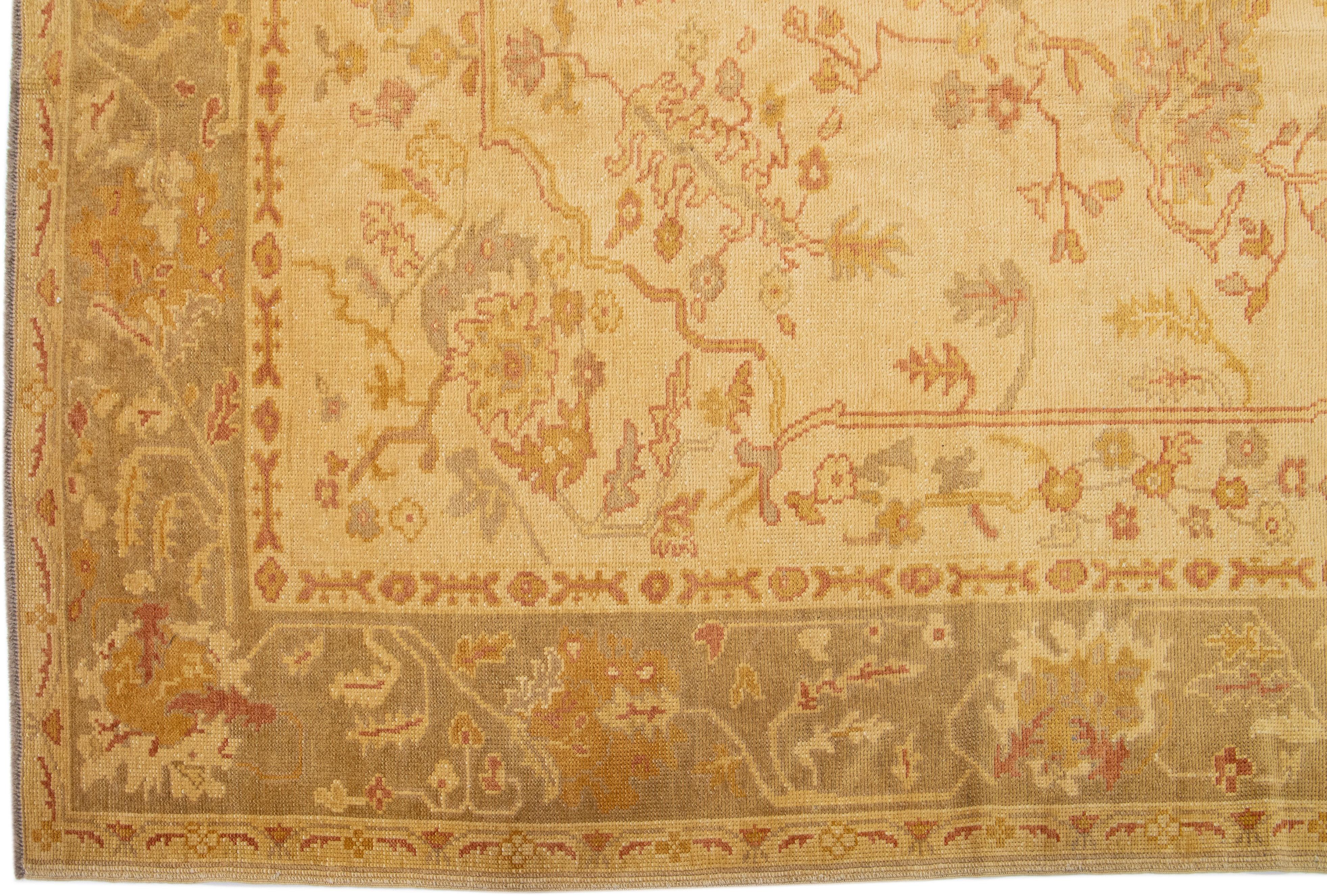 Tan Modern Turkish Oushak Handmade Wool Rug With Floral Motif In New Condition For Sale In Norwalk, CT