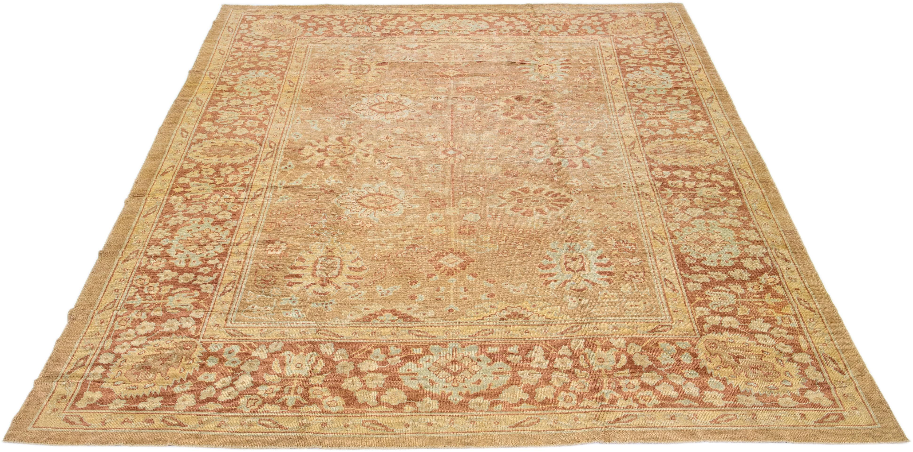 Contemporary Tan Modern Turkish Oushak Handmade Wool Rug with Floral Motif For Sale