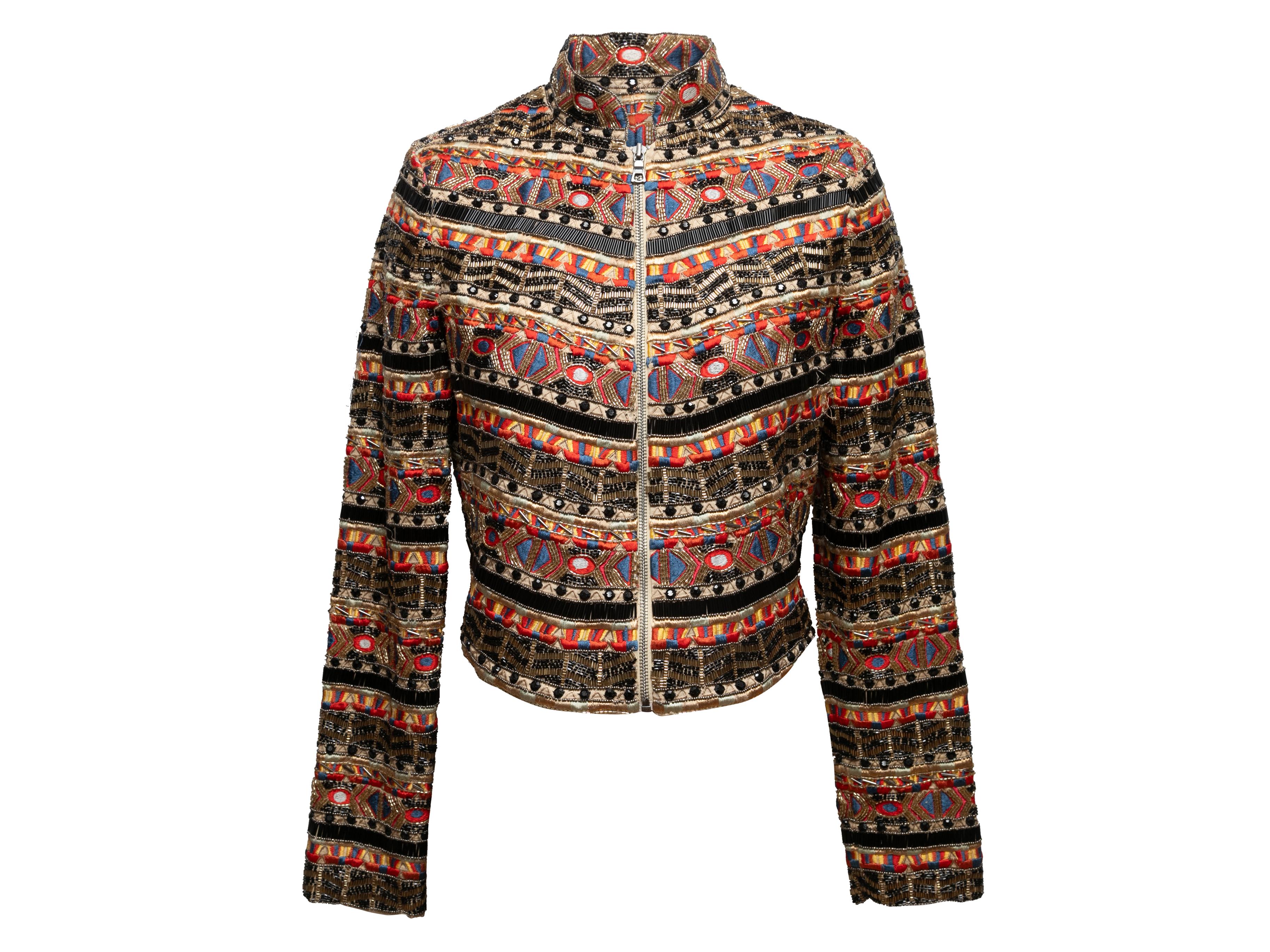 Tan and multicolor embroidered and bead-embellished jacket by Alice + Olivia. Stand collar. Zip closure at center front. 32
