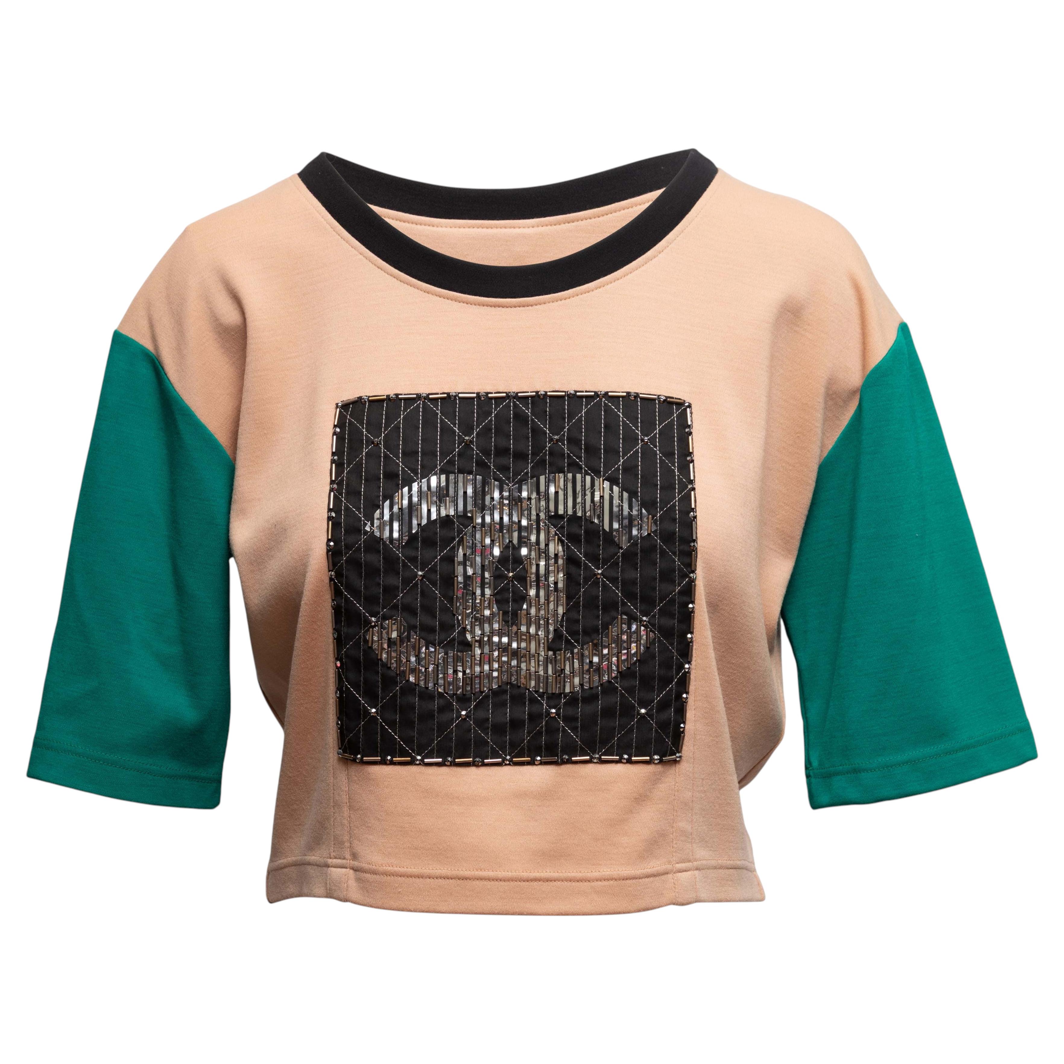 Tan & Multicolor Chanel Embellished Wool Short Sleeve Top Size FR 34