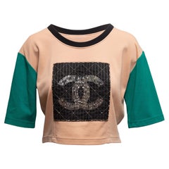 Tan & Multicolor Chanel Embellished Wool Short Sleeve Top Size FR 34