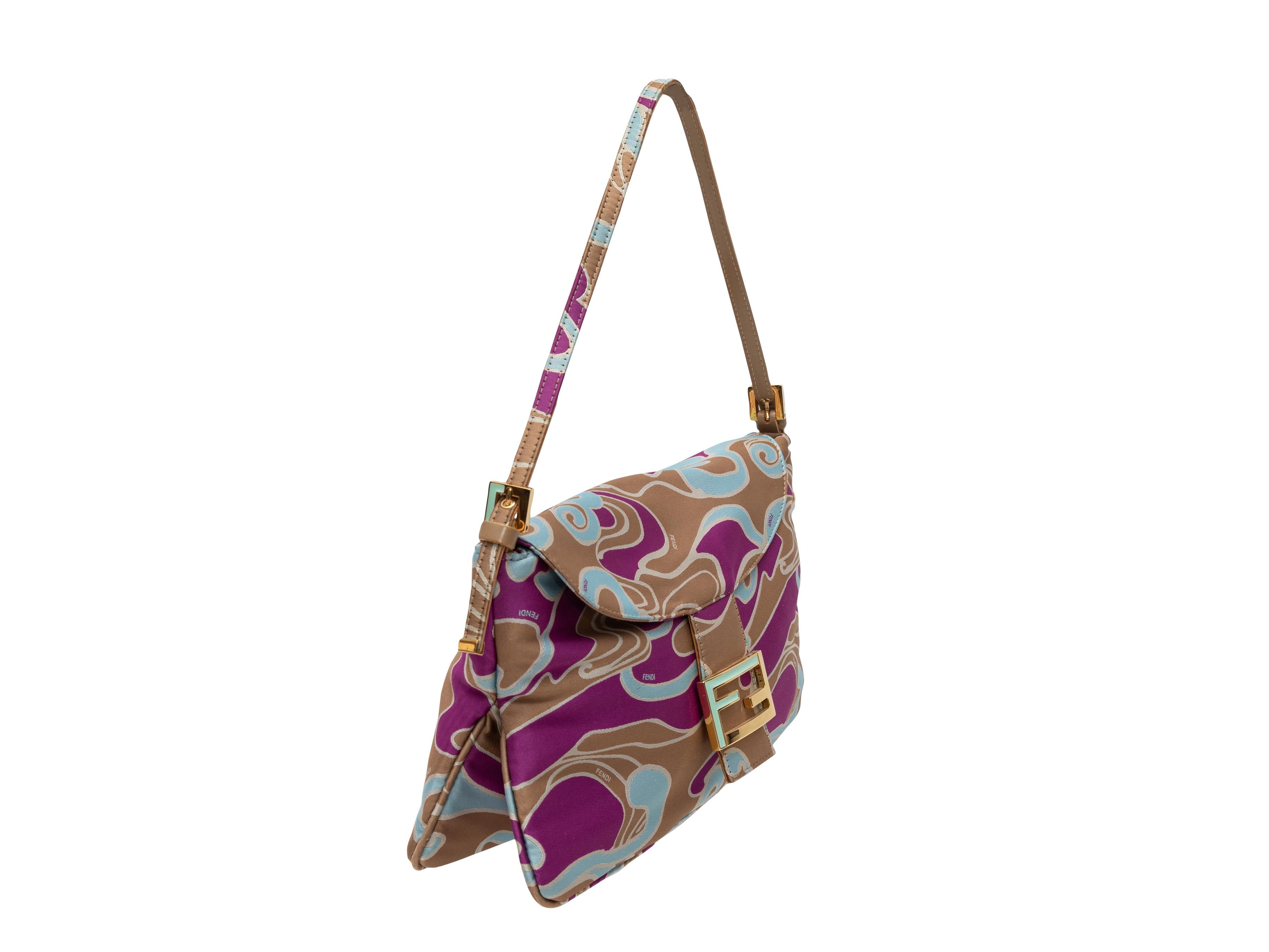 Tan & Multicolor Fendi Silk Psychedelic Print Baguette Bag. This bag features a printed silk body, gold-tone hardware, a single shoulder strap, and a front logo flap closure. 12