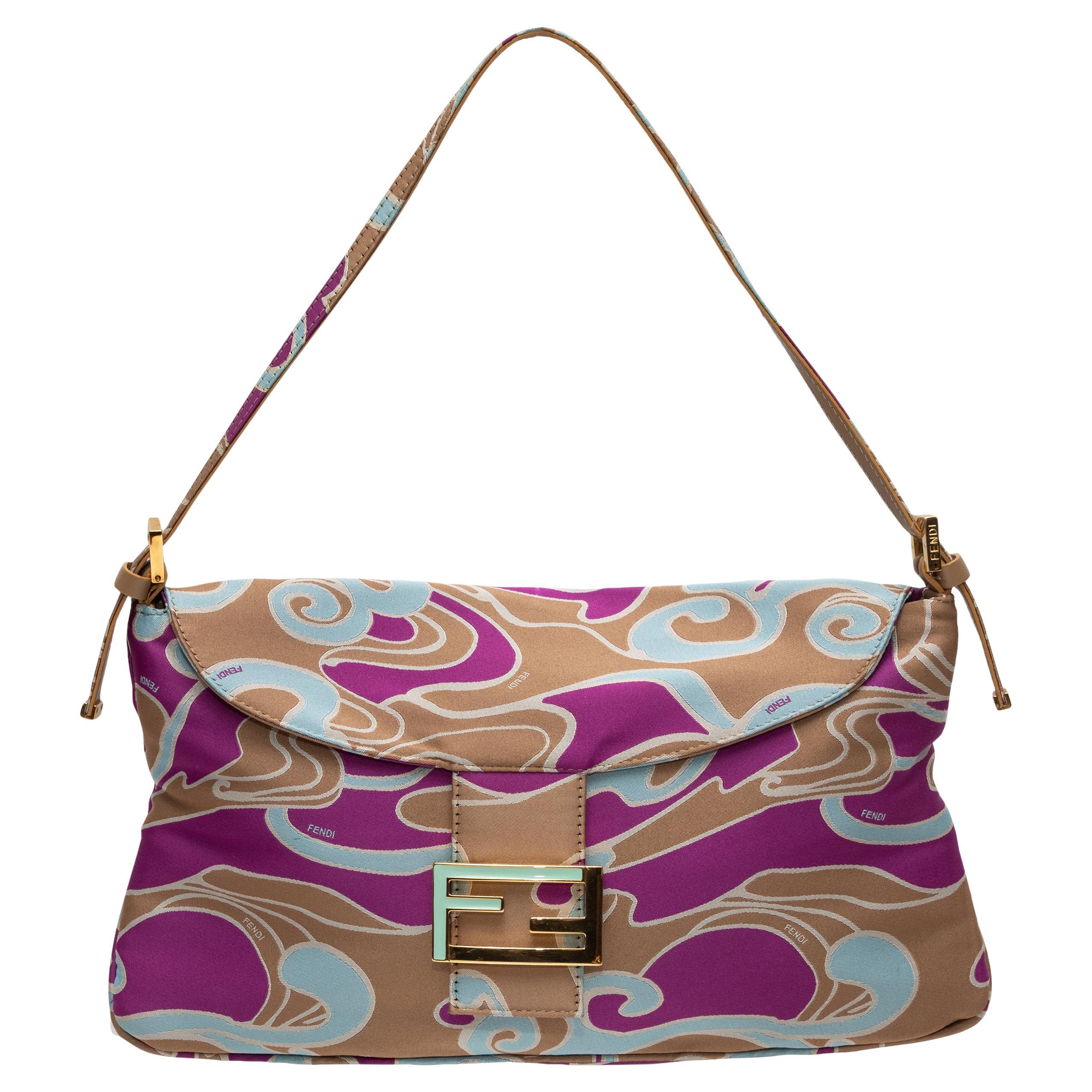 Tan & Multicolor Fendi Silk Psychedelic Print Baguette Bag in vendita