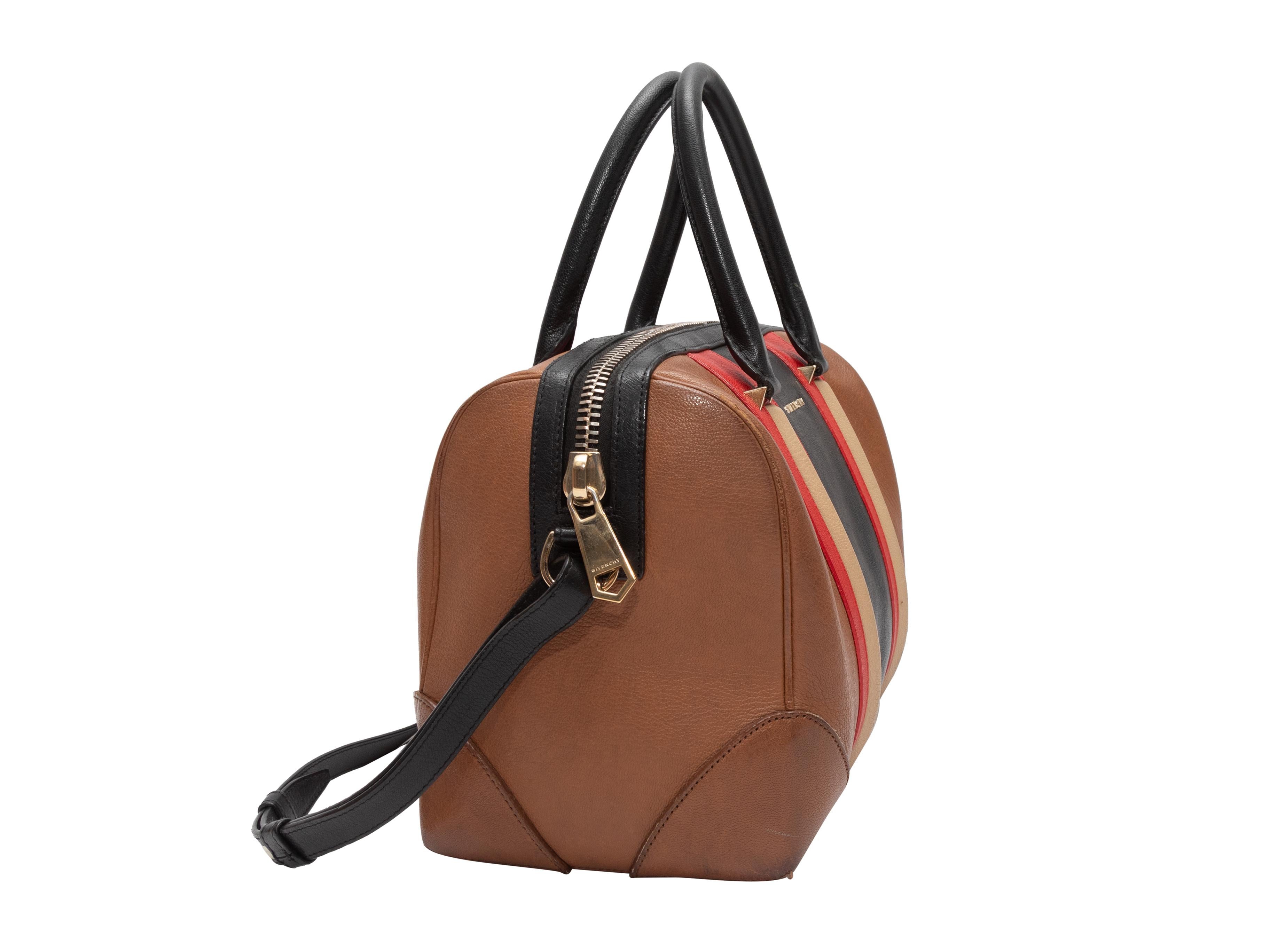 Tan & Multicolor Givenchy Lucrezia Leather Satchel. The Lucrezia Bag features leather body, silver-tone hardware, dual rolled top handles, a single flat shoulder strap, and a top zip closure. 11.5