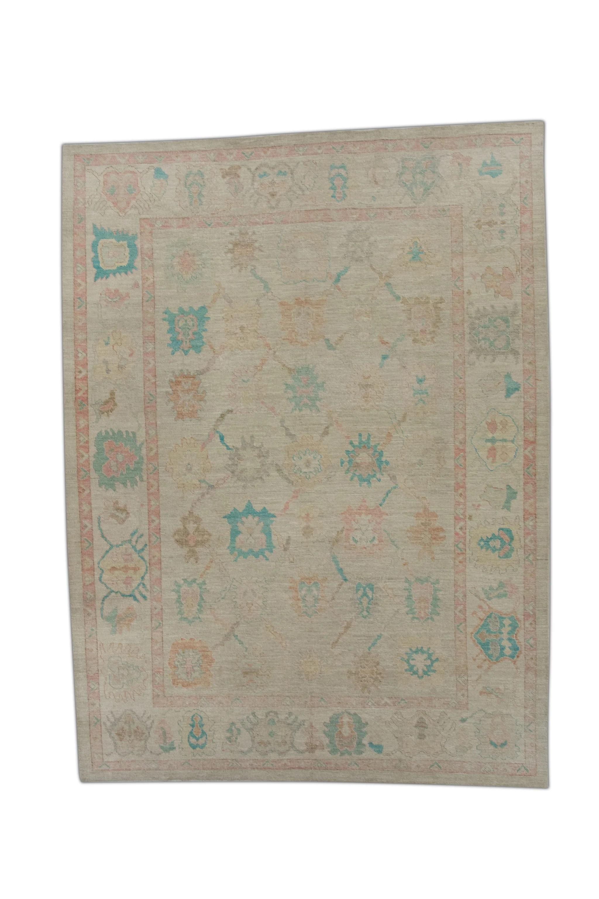 Contemporary Tan Multicolor Handwoven Wool Turkish Oushak Rug 9'2