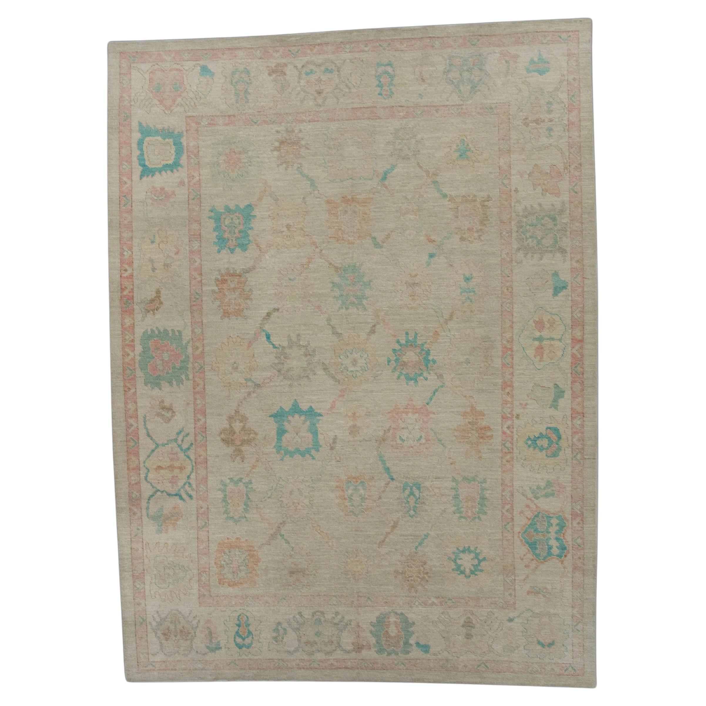 Tan Multicolor Handwoven Wool Turkish Oushak Rug 9'2" x 12'4" For Sale