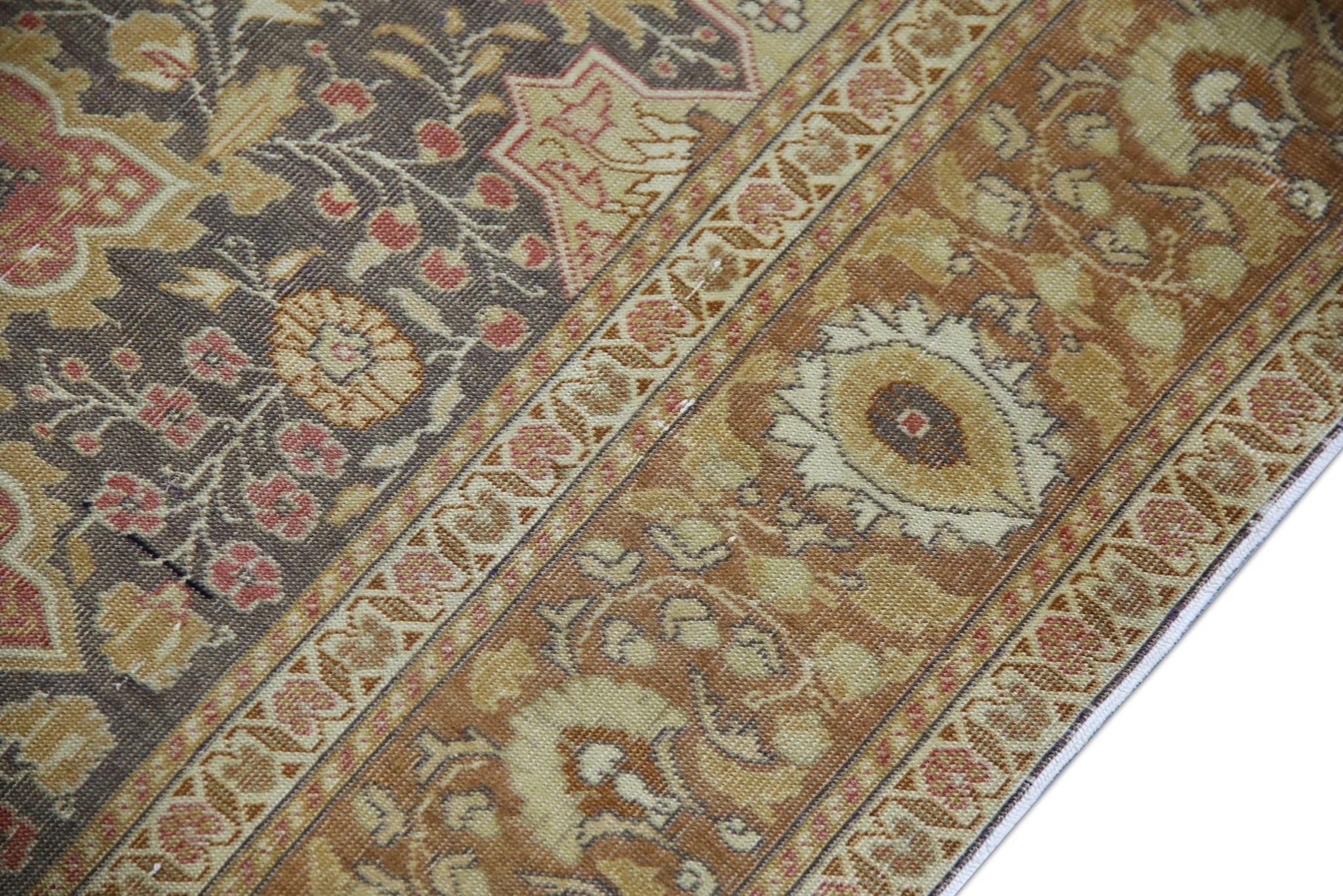 Tan Multicolor Handwoven Wool Vintage Turkish Oushak Rug 4'2