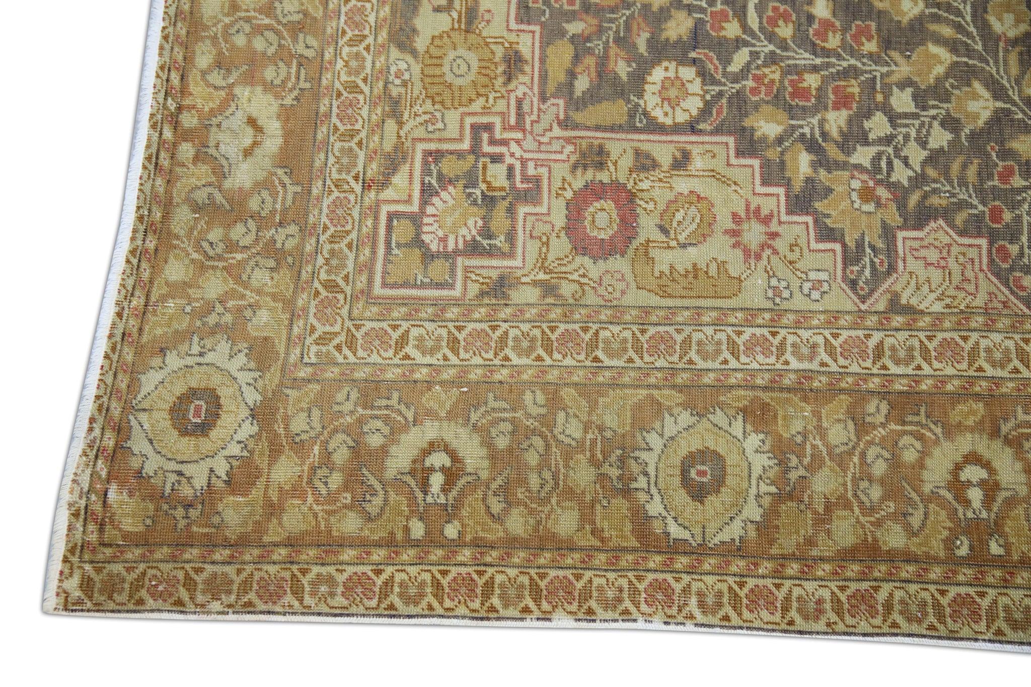 Tan Multicolor Handwoven Wool Vintage Turkish Oushak Rug 4'2