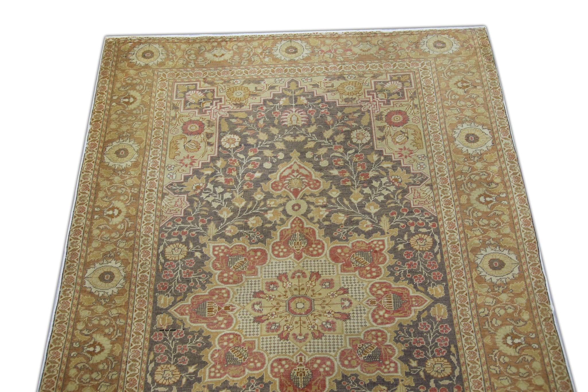 Tan Multicolor Handwoven Wool Vintage Turkish Oushak Rug 4'2