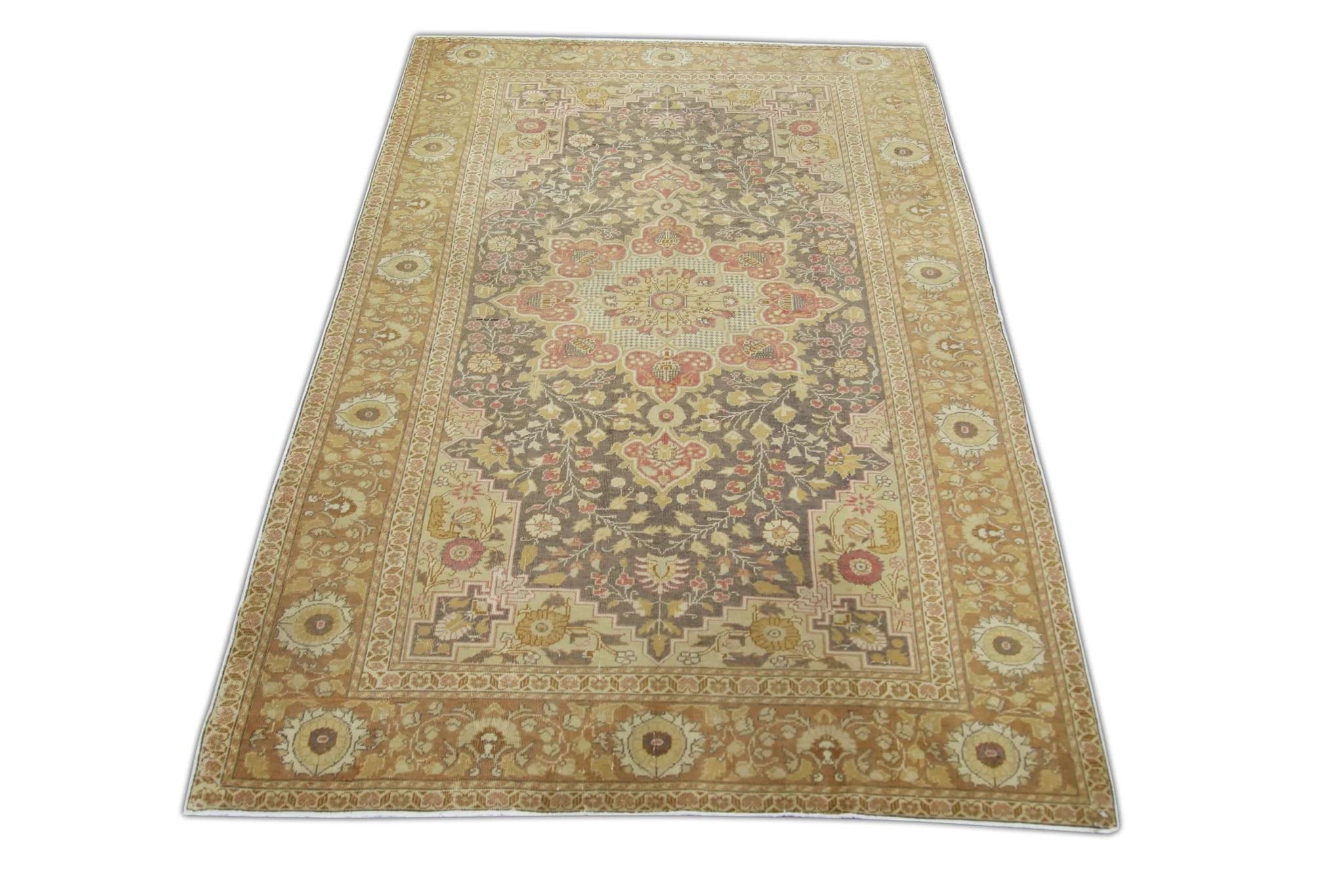 Tan Multicolor Handwoven Wool Vintage Turkish Oushak Rug 4'2