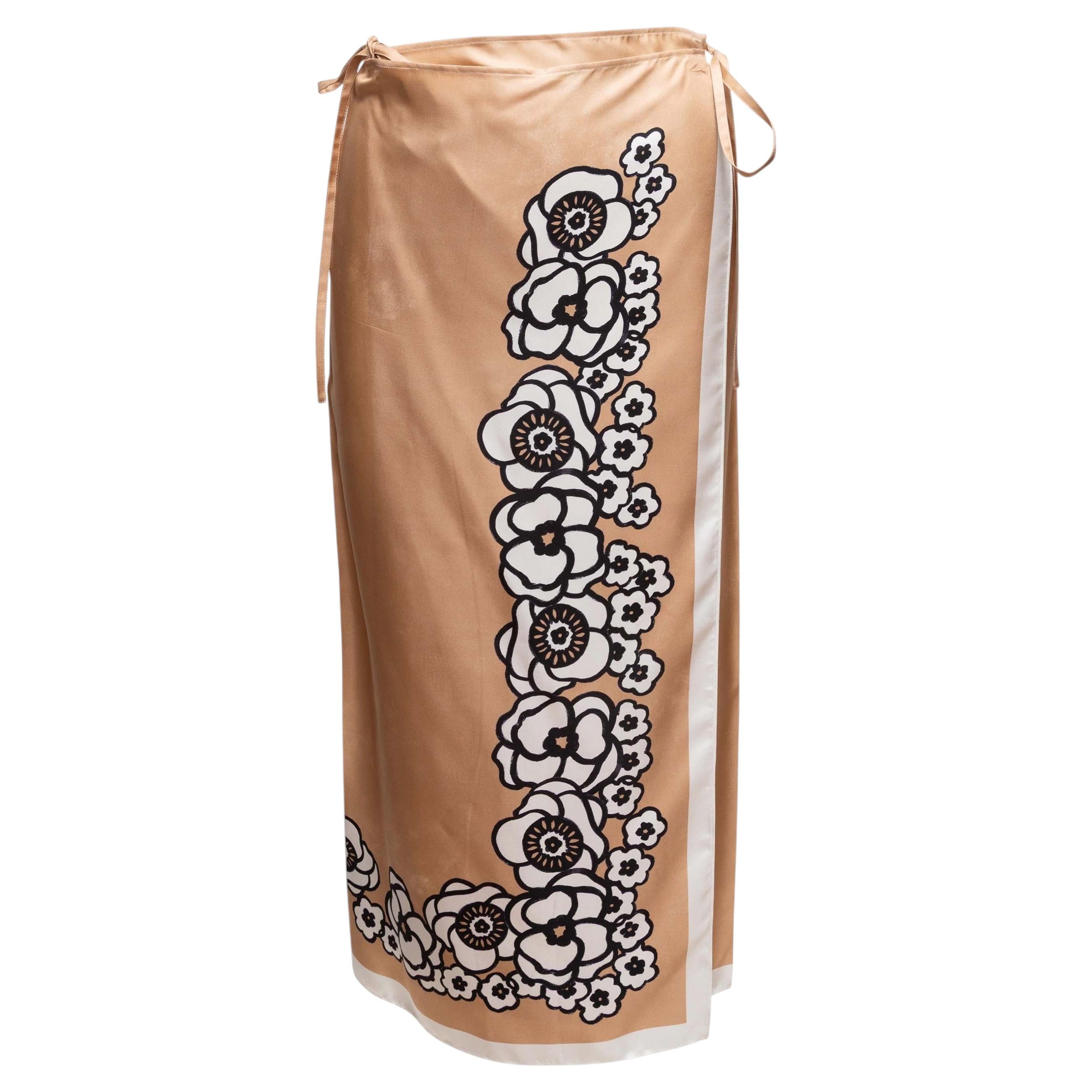 Tan and Multicolor Prada Silk Floral Print Wrap Skirt Size IT 38