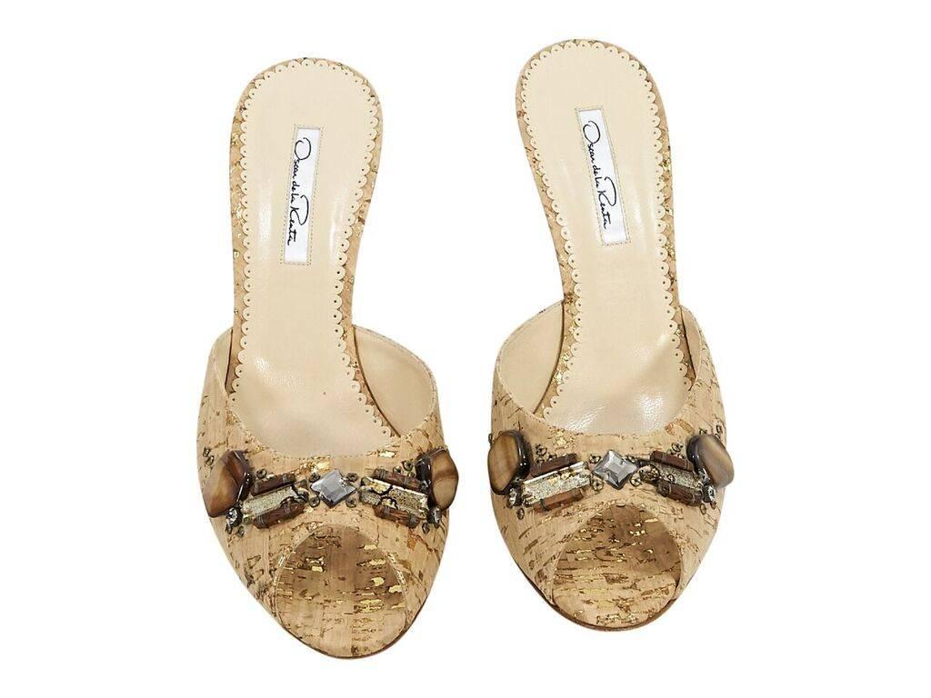 Brown Tan Oscar de la Renta Embellished Cork Sandals