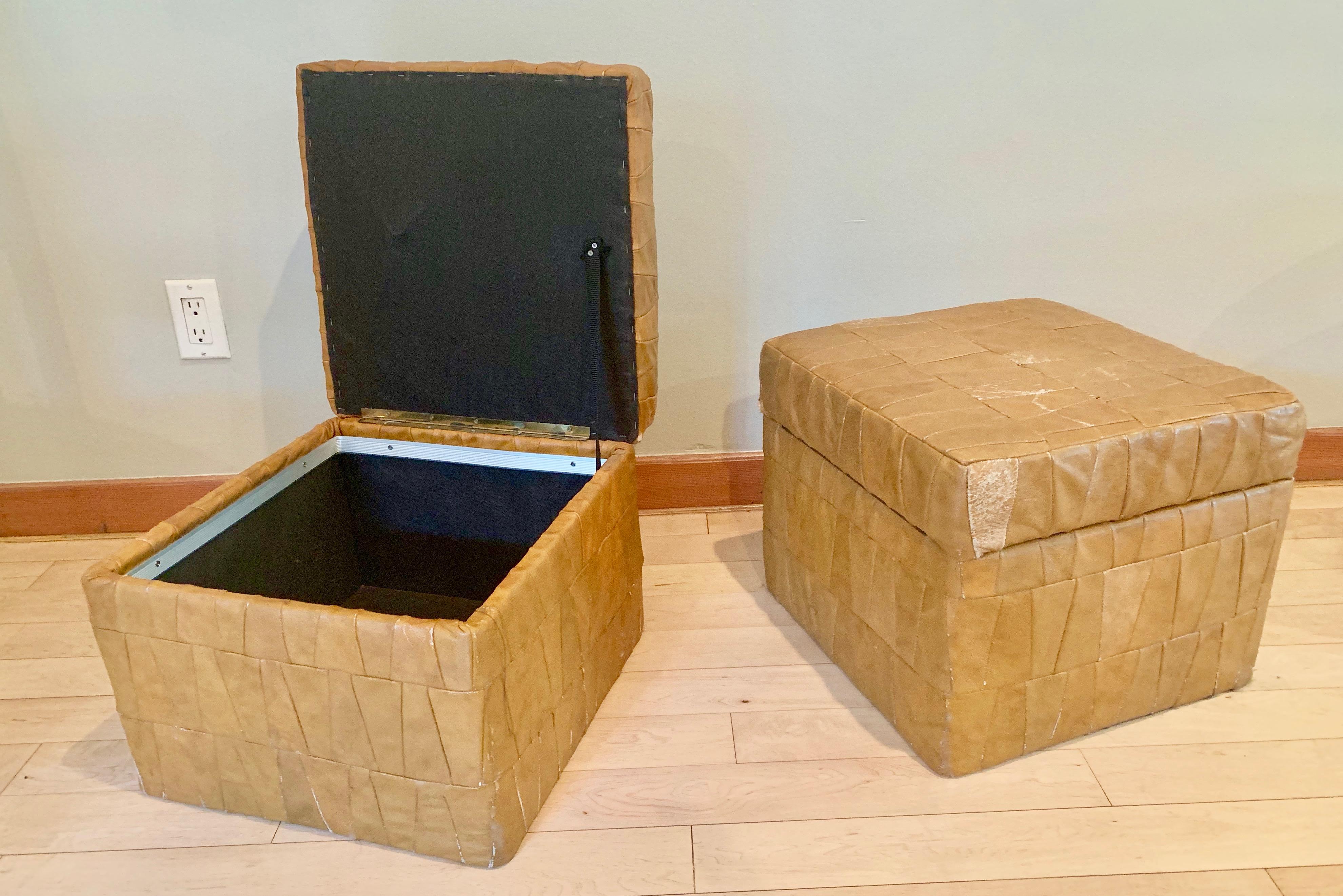 Patchwork leather ottomans by De Sede in tan. Ottoman has storage inside. Good condition. Some wear to leather. See photos. Great accent pieces and nice scale.





 