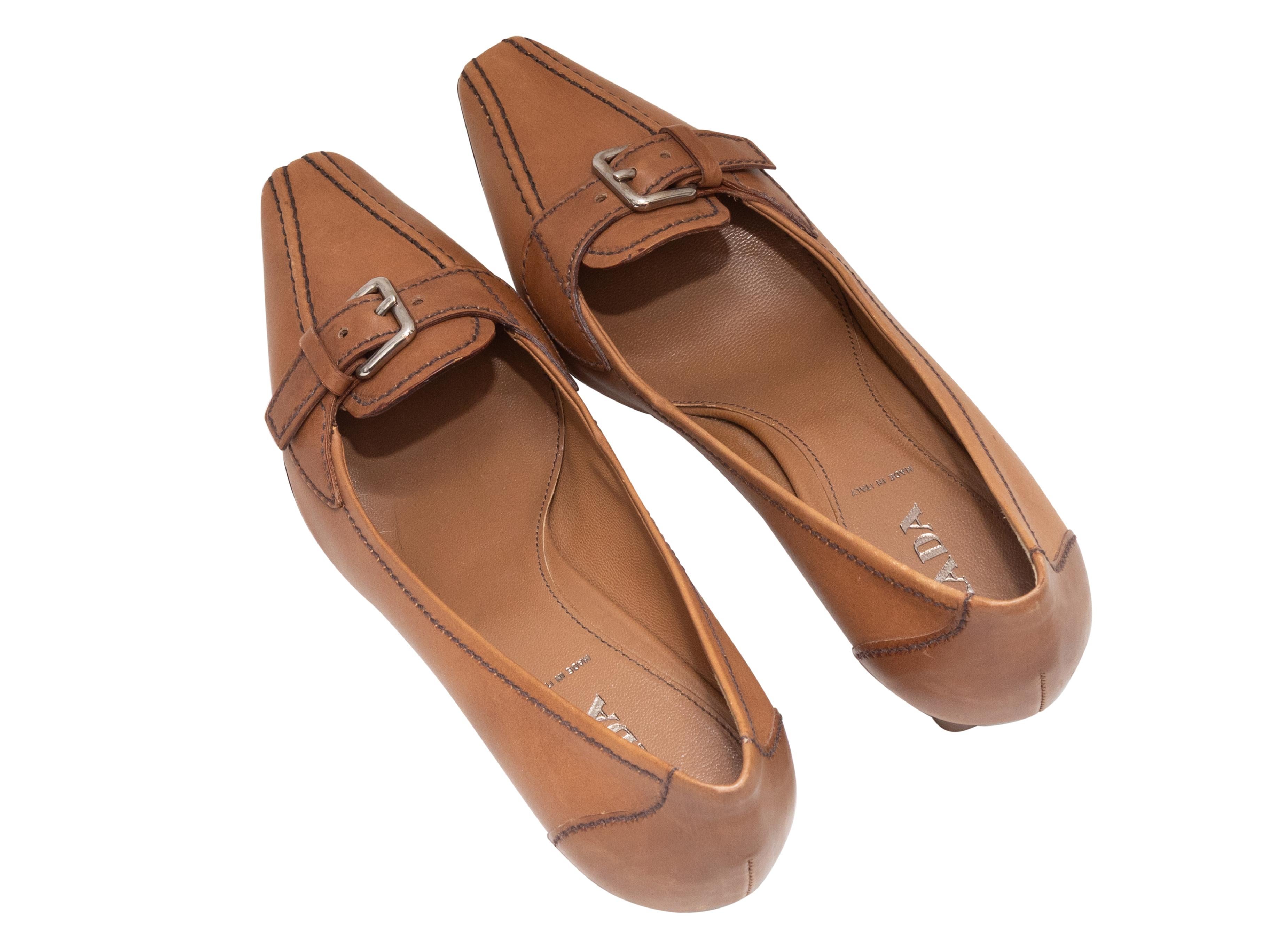 Brown Tan Prada Pointed-Toe Heeled Loafers Size 37.5 For Sale