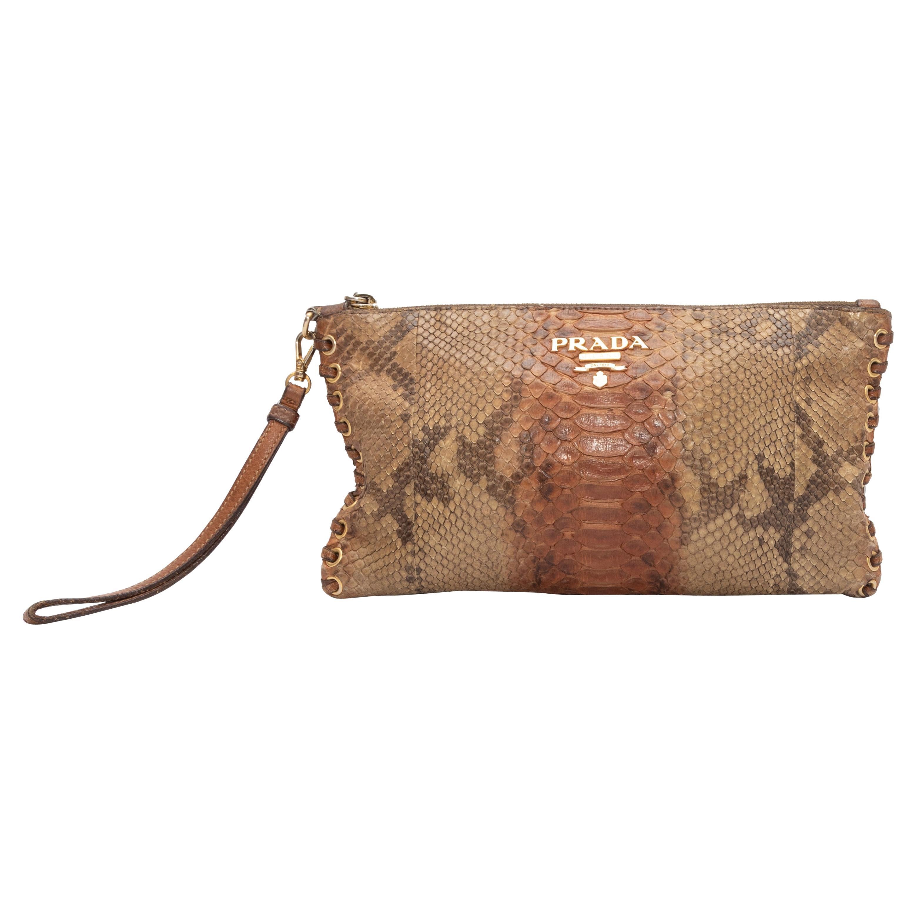 Prada Tan Snakeskin Wristlet Clutch