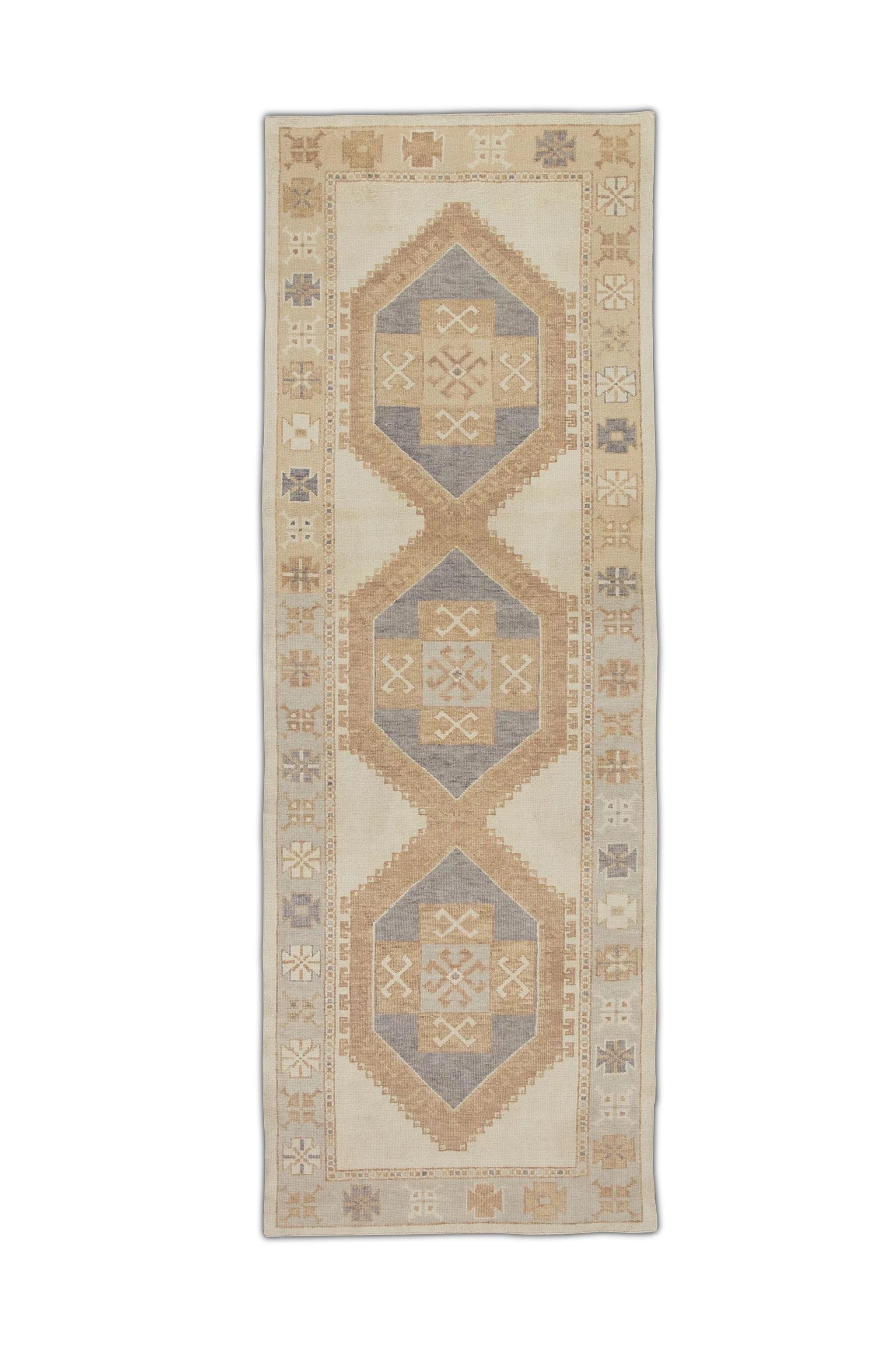Runner Oushak turco in lana intrecciata a mano Tan & Purple 4'2