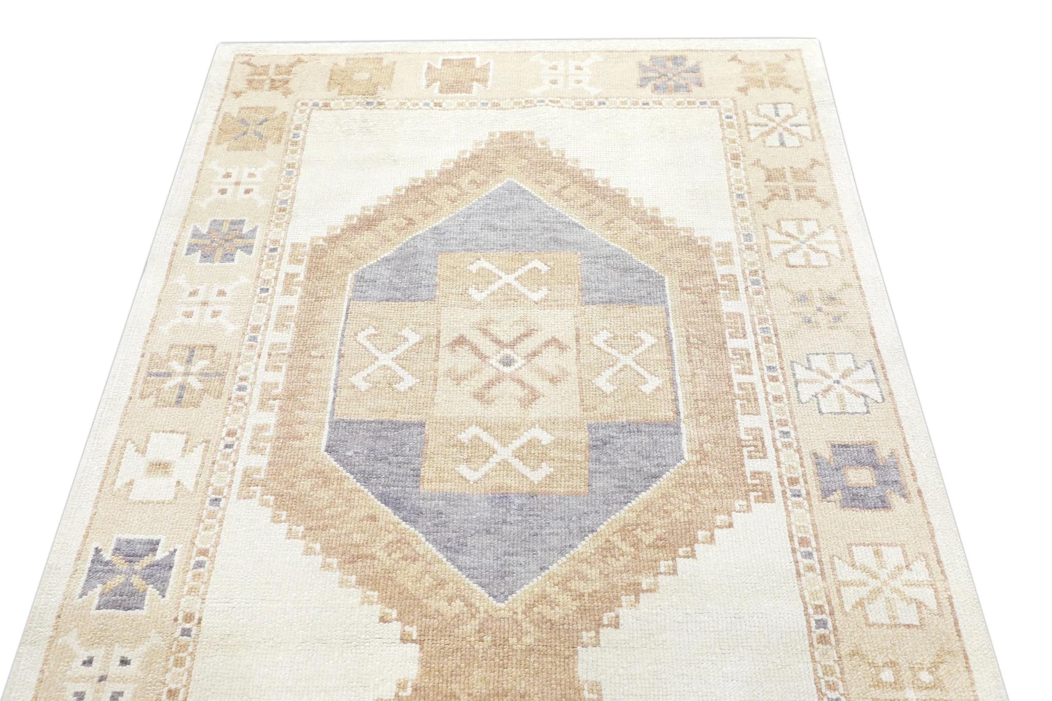 Runner Oushak turco in lana intrecciata a mano Tan & Purple 4'2