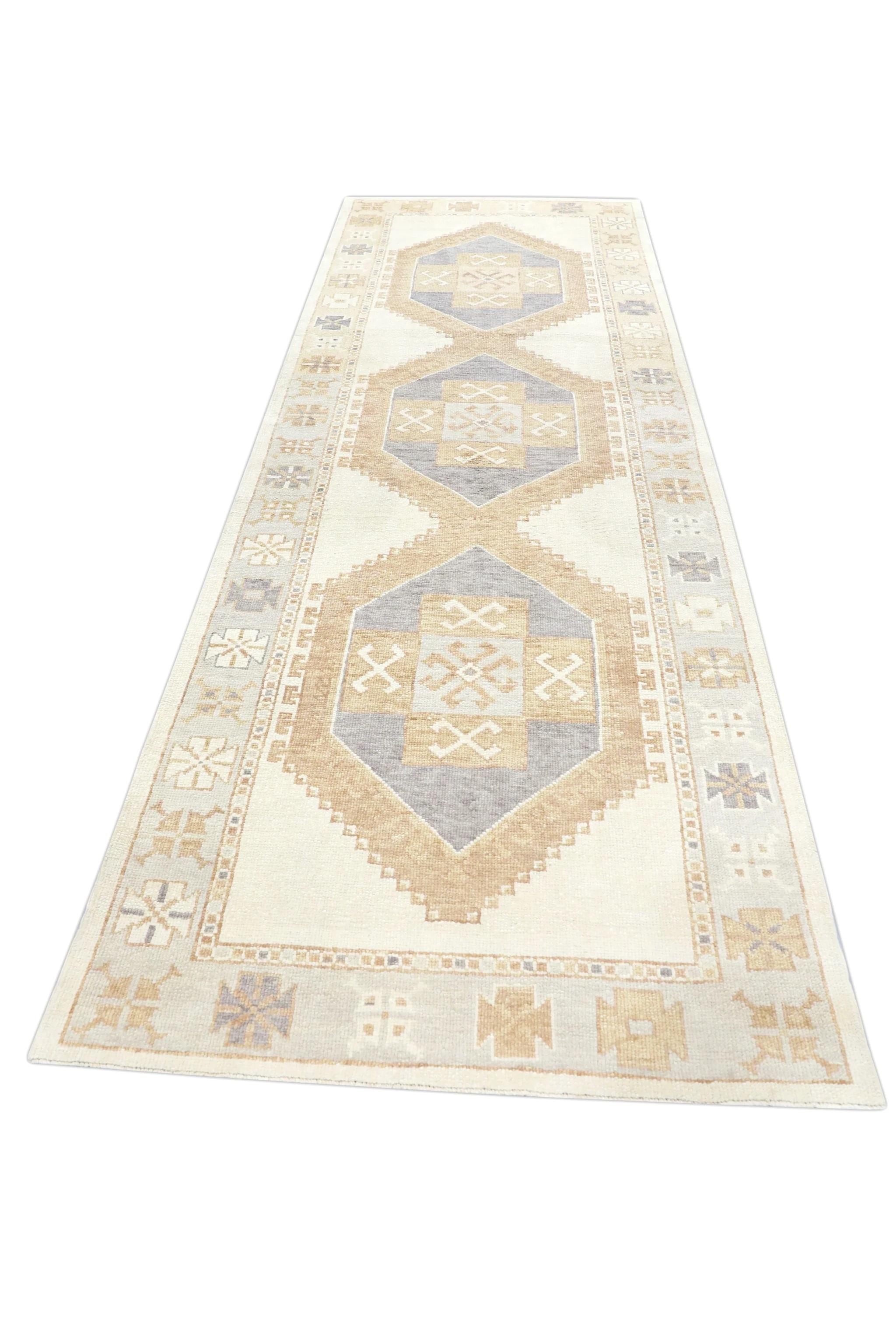 Runner Oushak turco in lana intrecciata a mano Tan & Purple 4'2