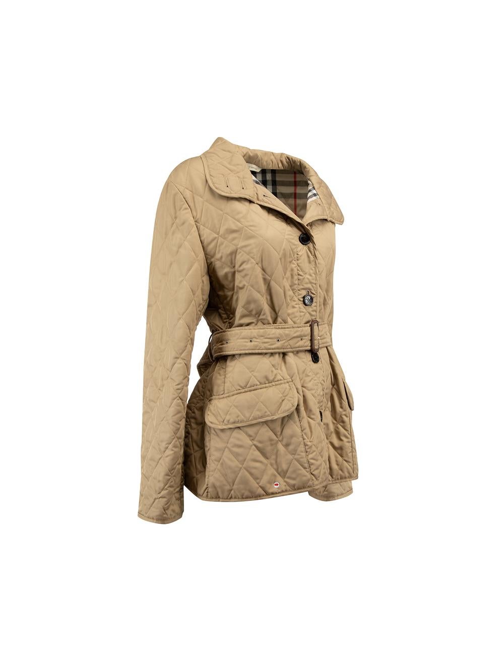 CONDITION is Good. Minor wear to coat is evident. Light wear to the front and rear with discoloured marks and stitching above the hem at the right has come undone on this used Burberry designer resale item.




Details


Tan

Polyester

Quilted