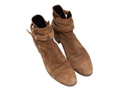 Tan Saint Laurent Suede Buckle Strap Ankle Boots Size 38.5