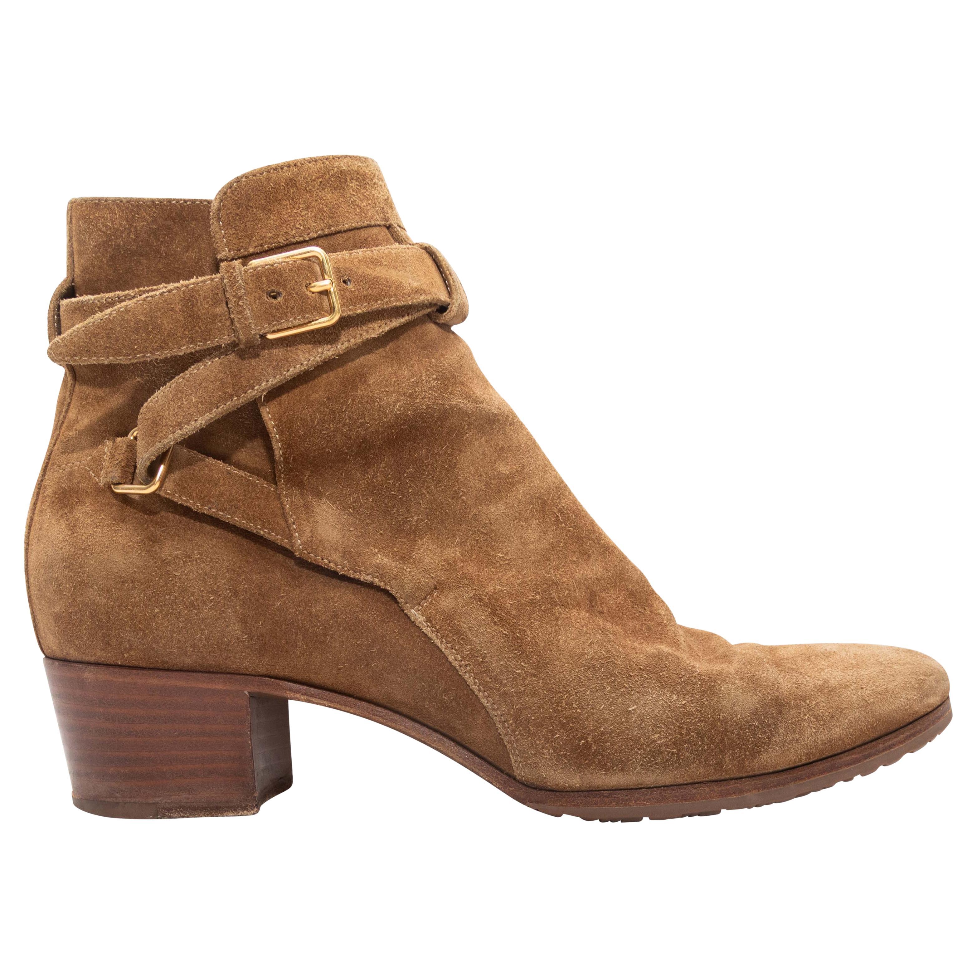 Tan Saint Laurent Suede Buckle Strap Ankle Boots Size 38.5 For Sale