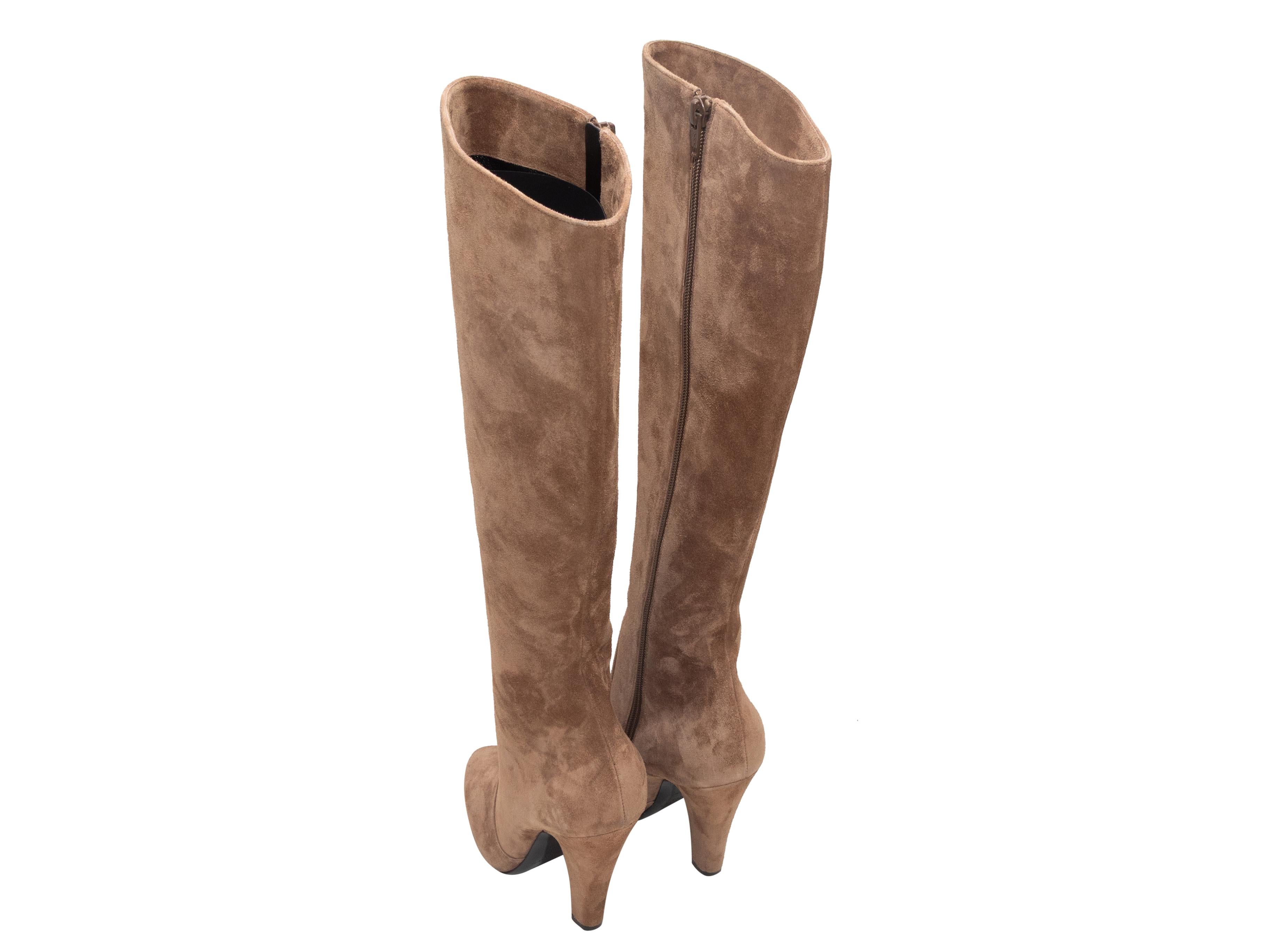 Marron Tan Saint Laurent Suede Heeled Knee-High Pointed-Toe Boots Size 38 en vente