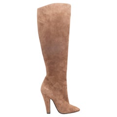 Tan Saint Laurent Suede Heeled Knee-High Pointed-Toe Boots Size 38