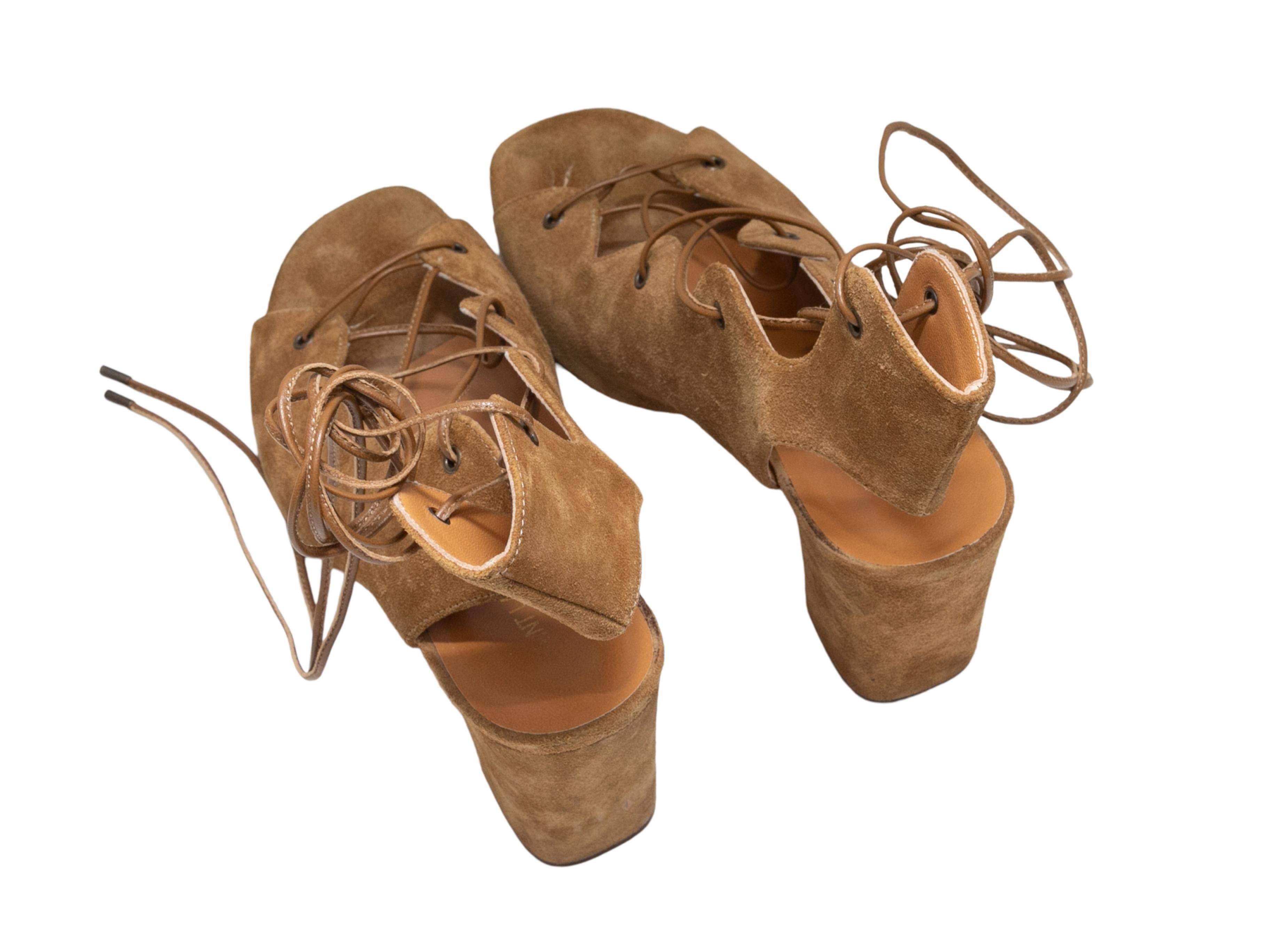 Brown Tan Saint Laurent Suede Lace-Up Gladiator Heeled Sandals Size 38.5 For Sale