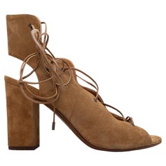 Tan Saint Laurent Suede Lace-Up Gladiator Heeled Sandals Size 38.5