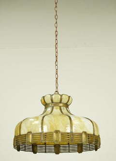 Tan Slag Stained Glass Pendant Light with Brass Accents