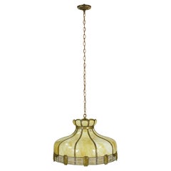 Tan Slag Stained Glass Pendant Light with Brass Accents