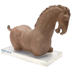 Tan Stone Horse Sculpture on an Clear Acrylic Base, 1980s