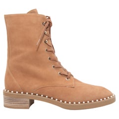 Tan Stuart Weitzman Suede Faux Pearl-Embellished Ankle Boots Size 8.5