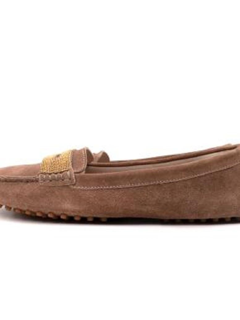 Brown  Brunello Cucinelli Tan Suede Monili Embellished Driving Loafers - 38 For Sale