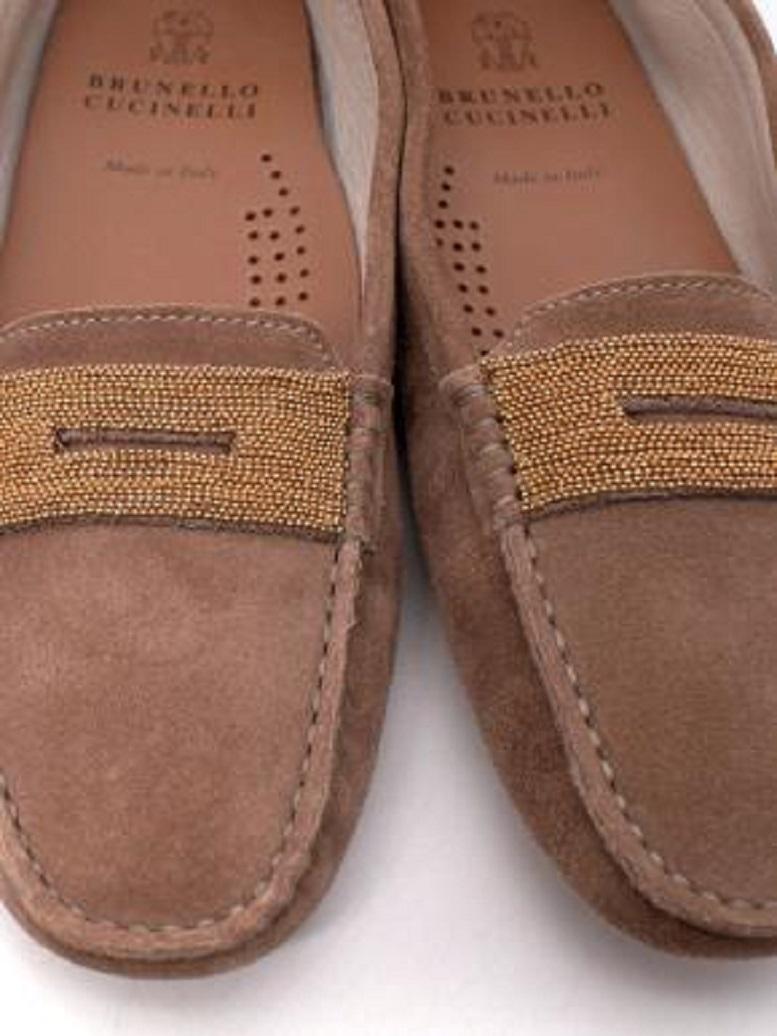  Brunello Cucinelli Tan Suede Monili Embellished Driving Loafers - 38 For Sale 1