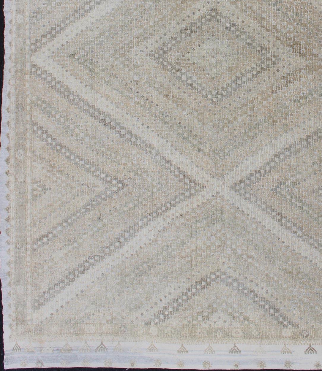 Kilim Tan, Taupe, Gray Vintage Turkish Embroidered Rug with Geometric Diamond Design For Sale