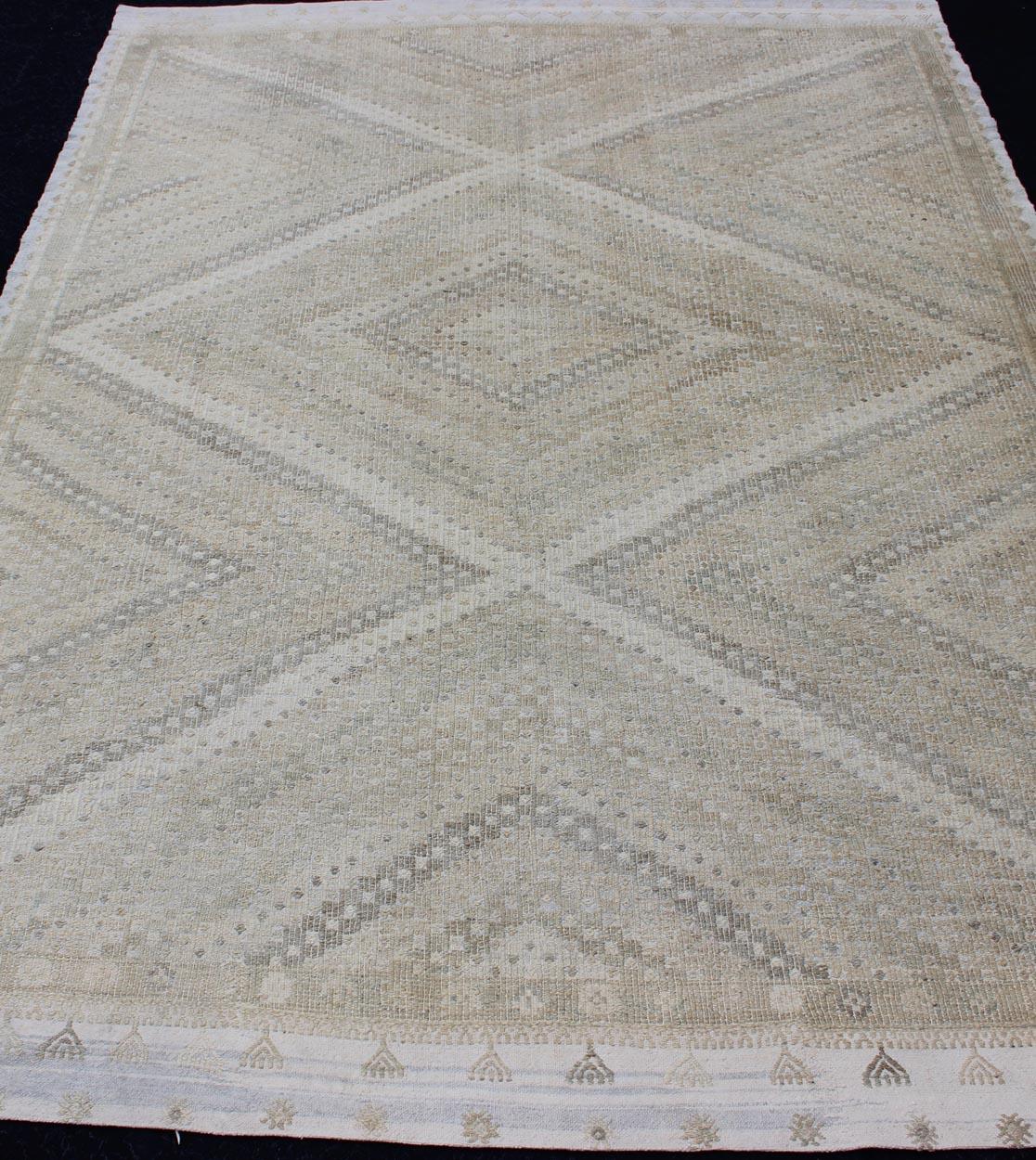 Tan, Taupe, Gray Vintage Turkish Embroidered Rug with Geometric Diamond Design In Good Condition For Sale In Atlanta, GA