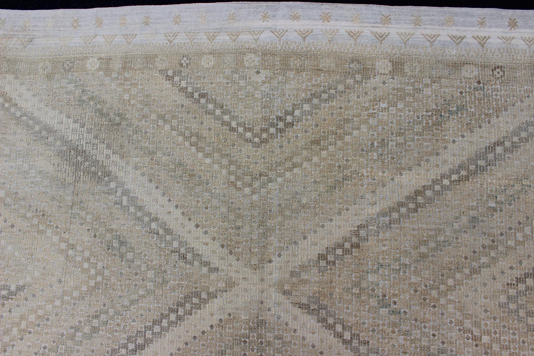 Wool Tan, Taupe, Gray Vintage Turkish Embroidered Rug with Geometric Diamond Design For Sale