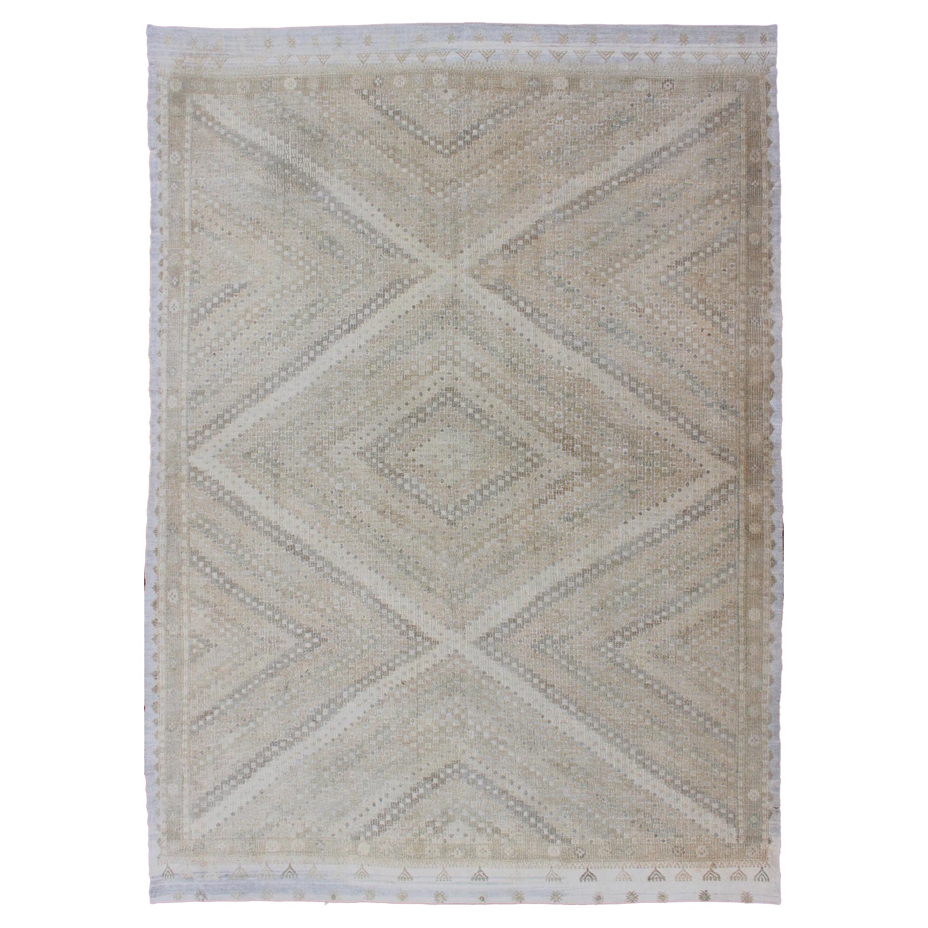 Türkischer bestickter Vintage-Teppich in Hellbraun, Taupe und Grau mit geometrischem Diamantmuster