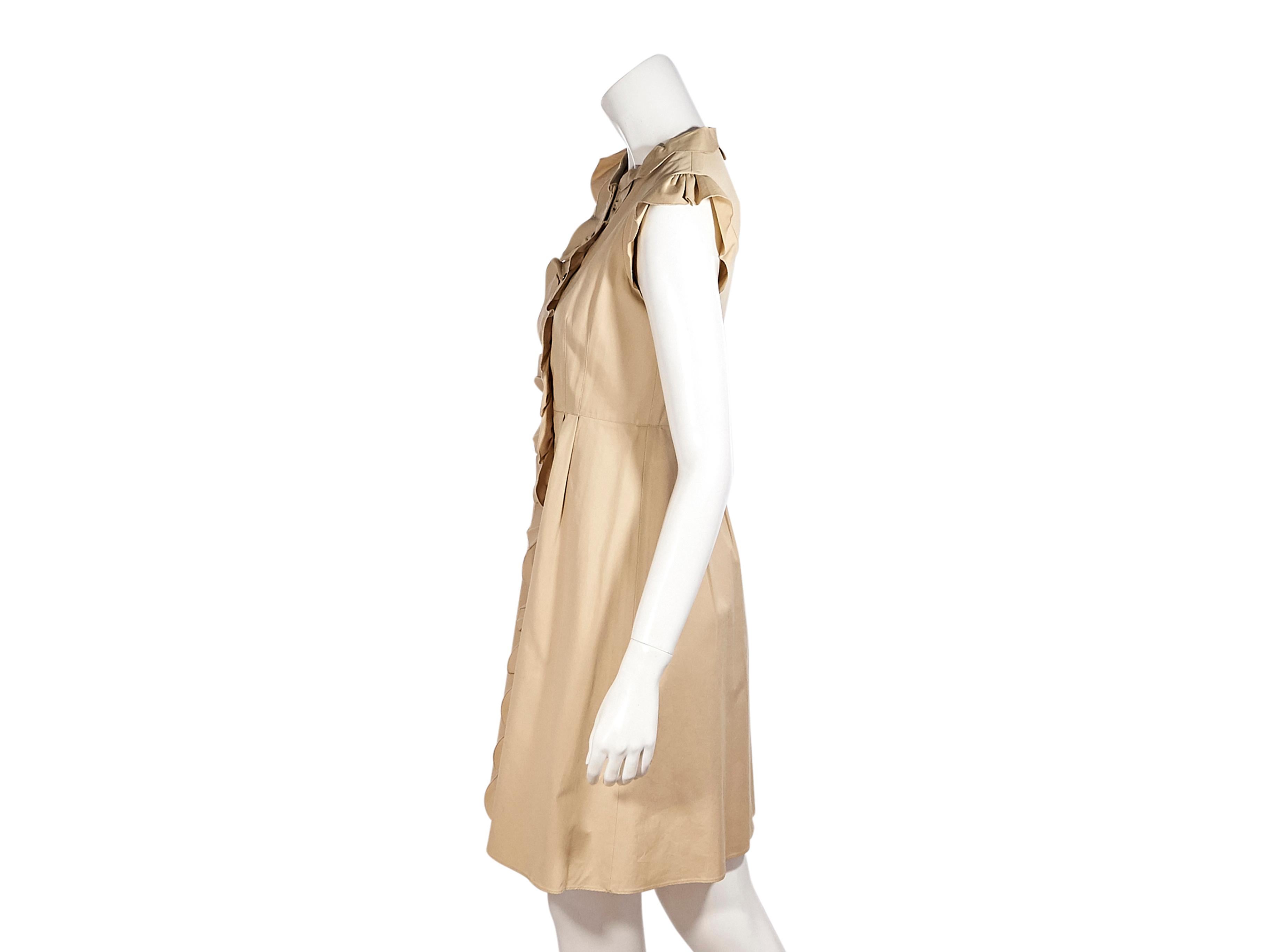 Product details:  Tan cotton ruffled dress by Valentino.  Jewelneck.  Cap sleeves.  Button-front closure.  32
