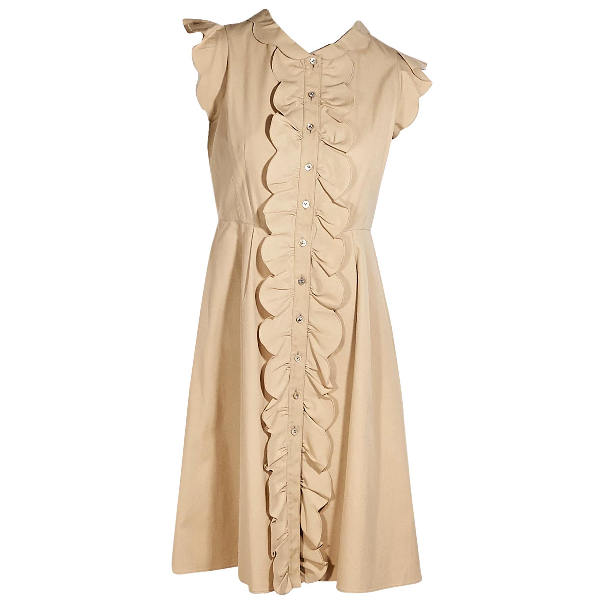 Valentino Tan Cotton Ruffled Dress