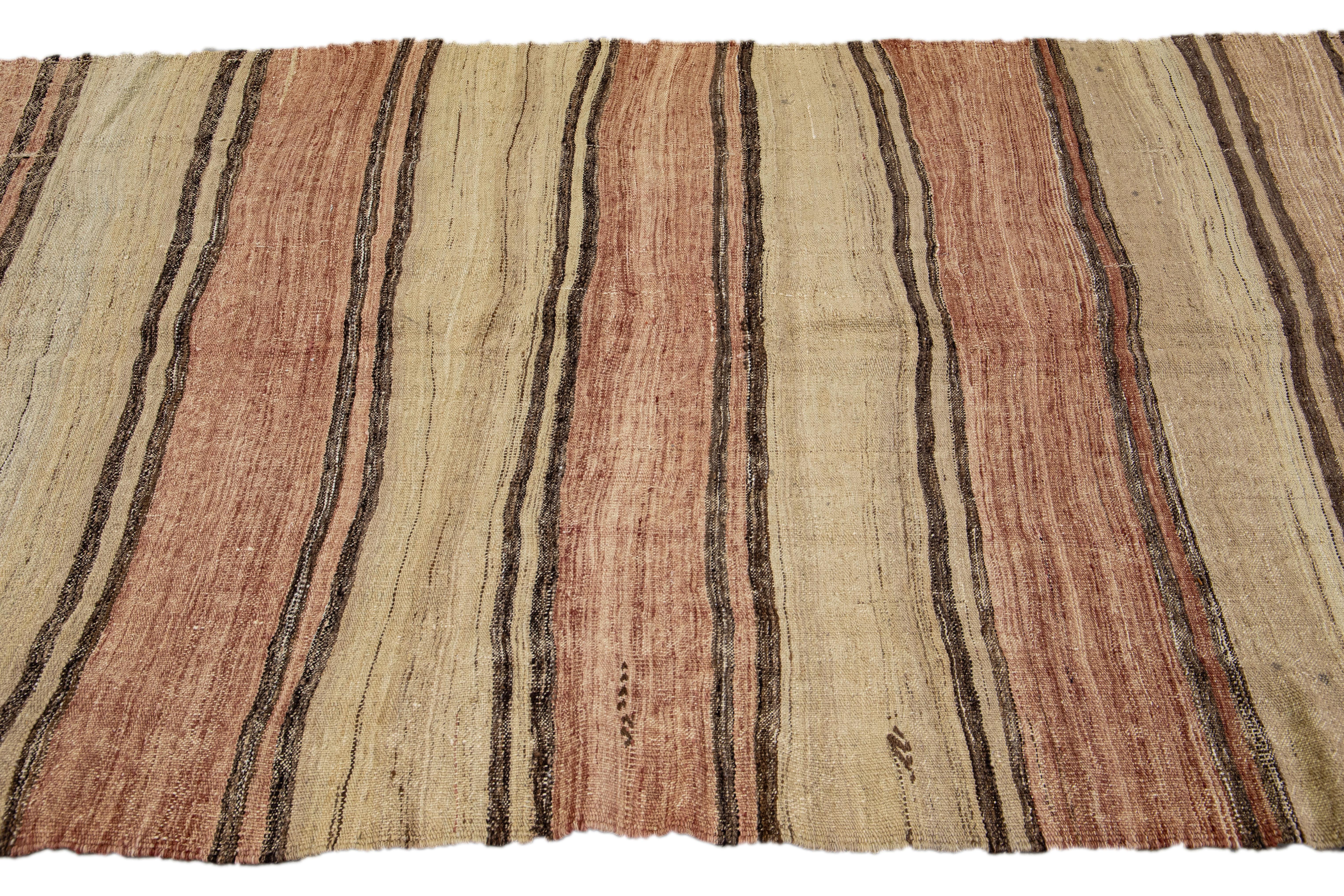 Tan Vintage Kilim Handmade Flatweave Striped Motif Wool Rug In Excellent Condition For Sale In Norwalk, CT