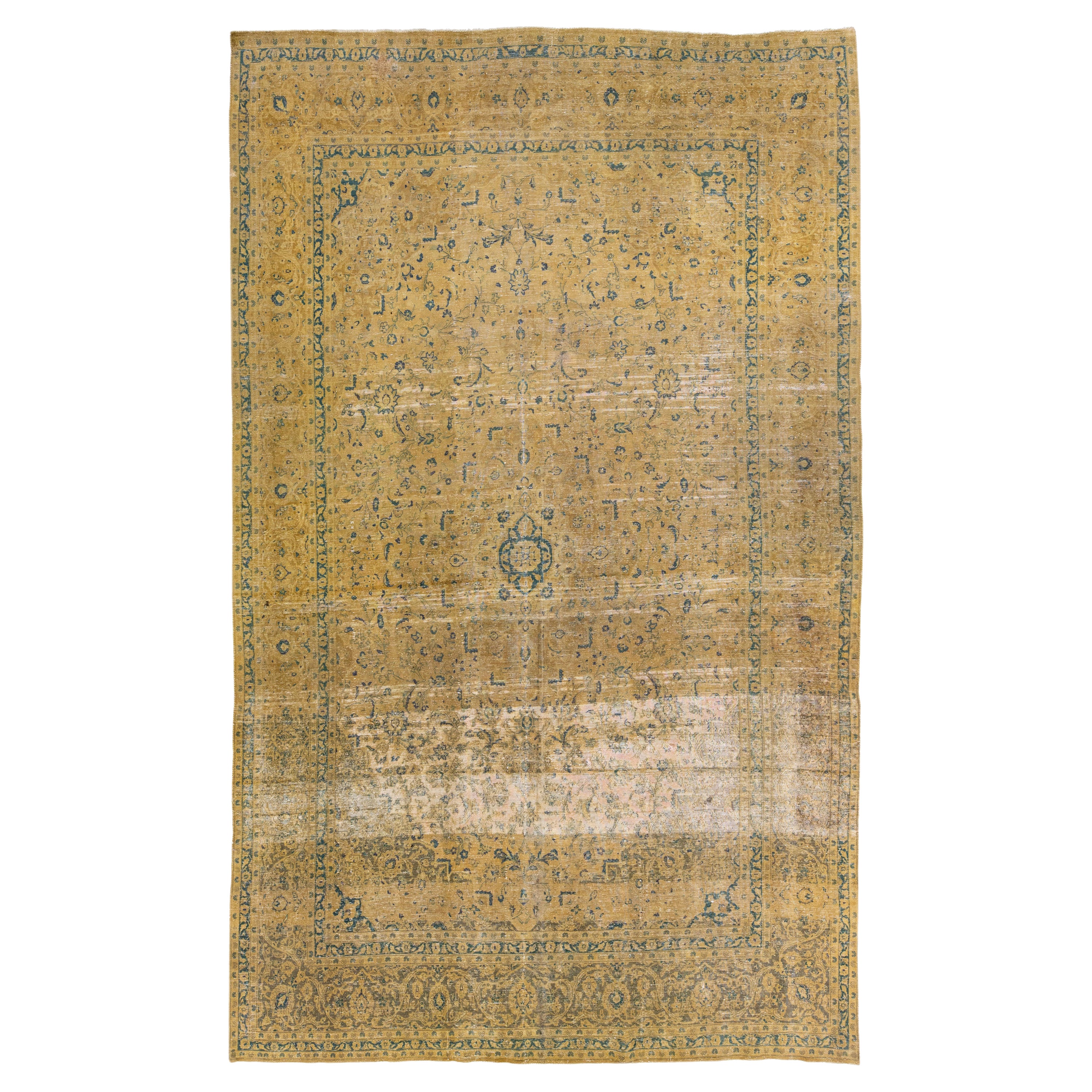 Tappeto in lana persiana fatto a mano Tabriz Vintage Tan con disegno Shab Abbasi