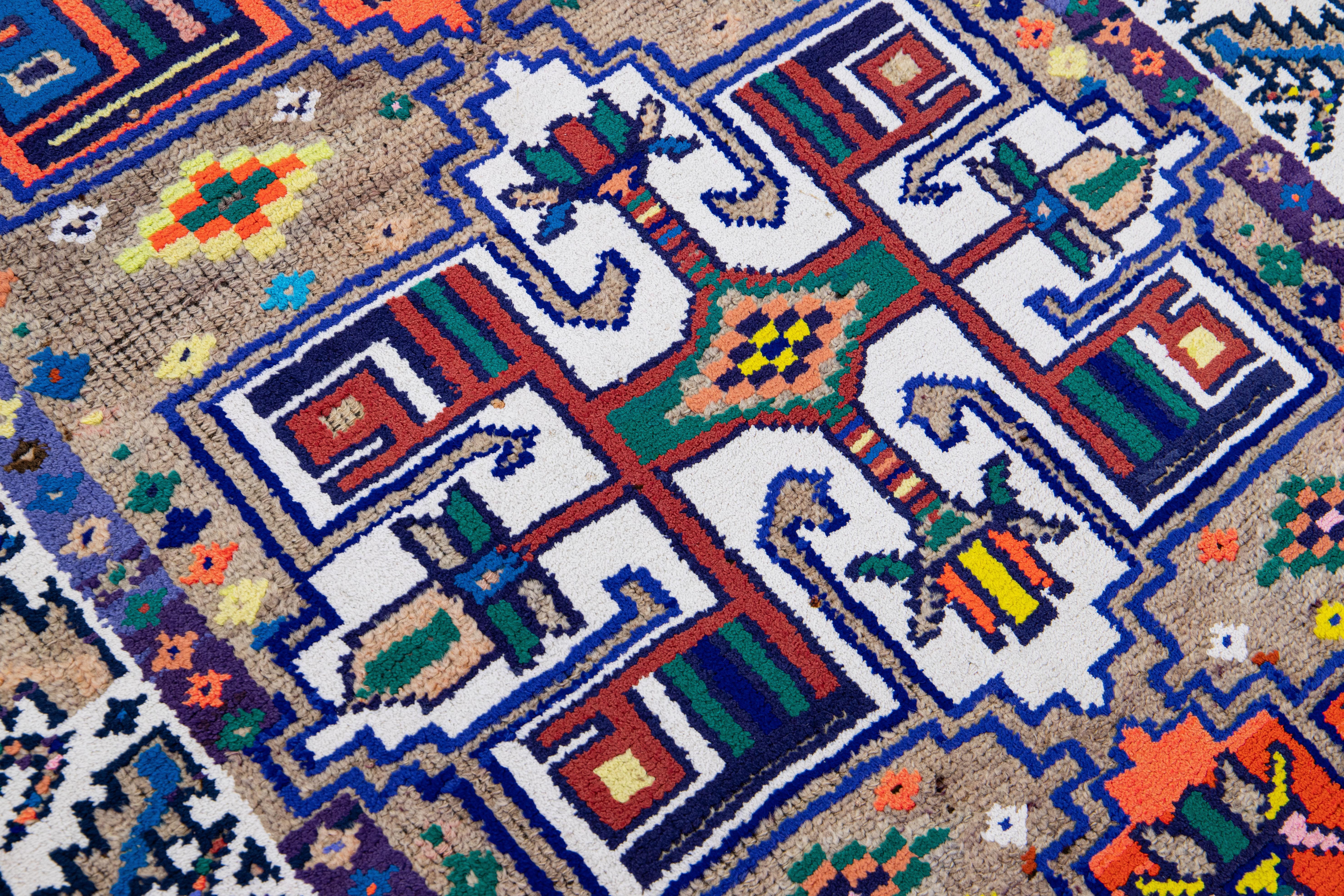 Tan Vintage Turkish Handmade Multicolor Tribal Pattern Wool Runner For Sale 4