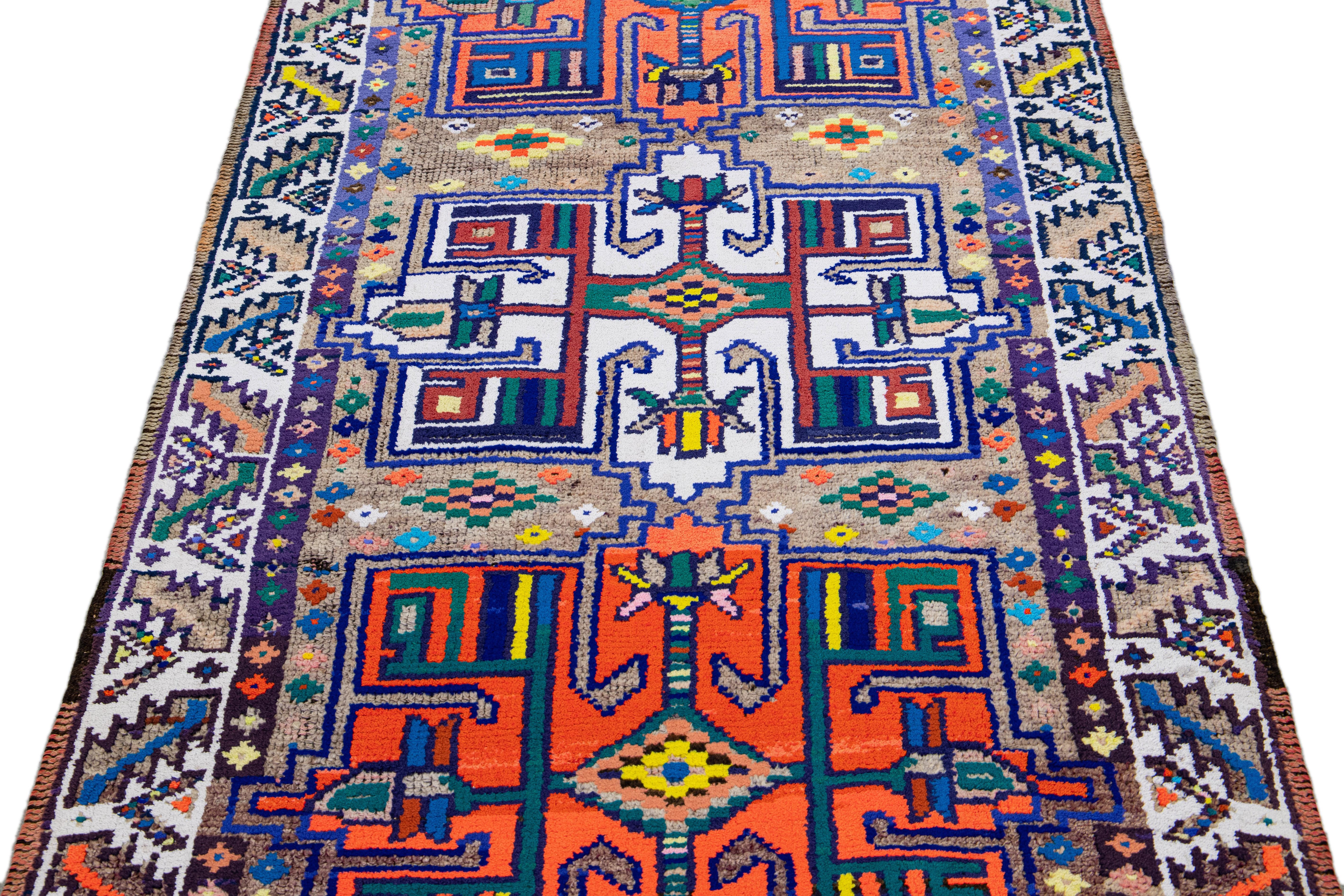 Mid-Century Modern Tan Vintage Turkish Handmade Multicolor Tribal Pattern Wool Runner For Sale