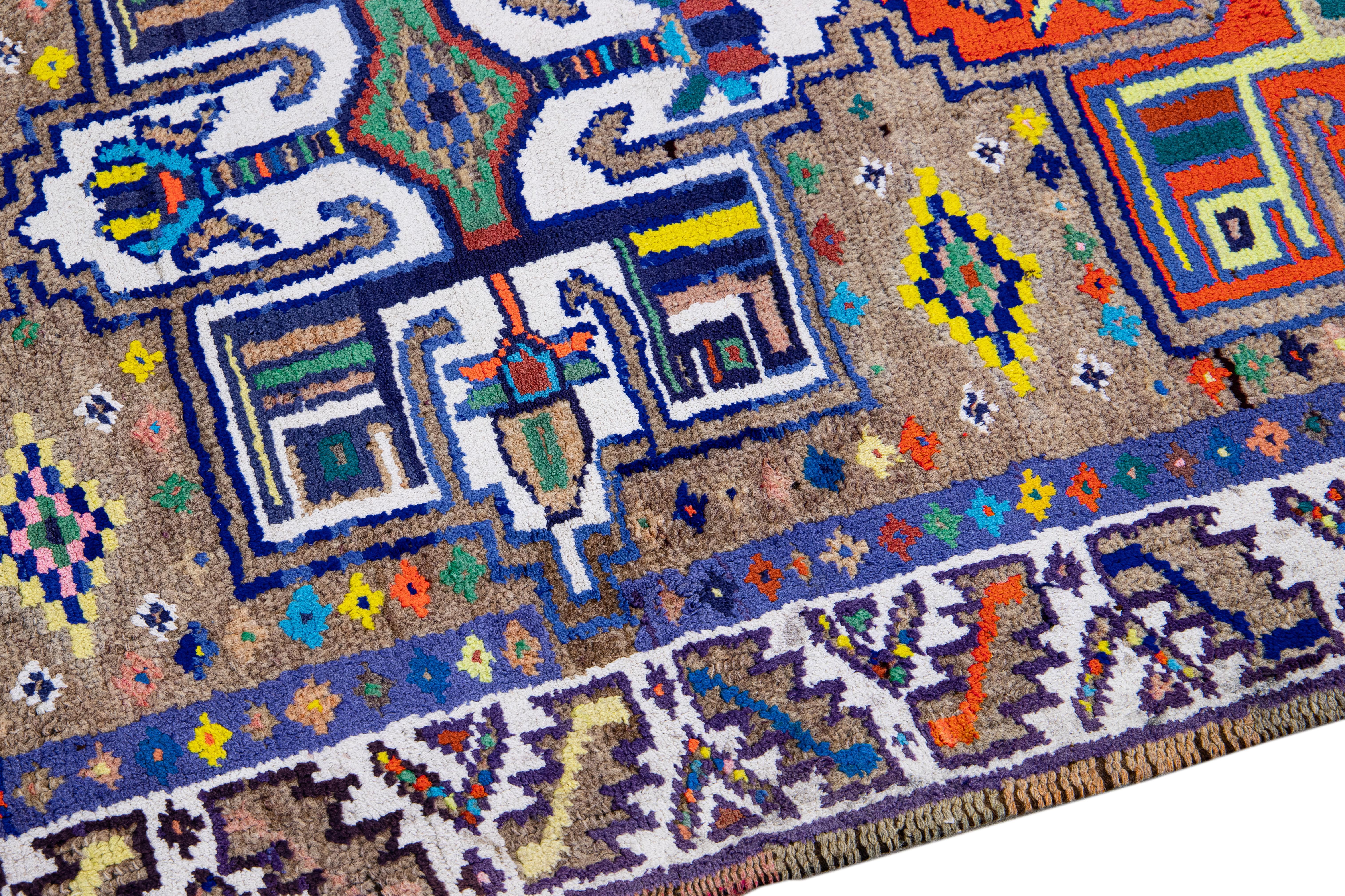 20th Century Tan Vintage Turkish Handmade Multicolor Tribal Pattern Wool Runner For Sale