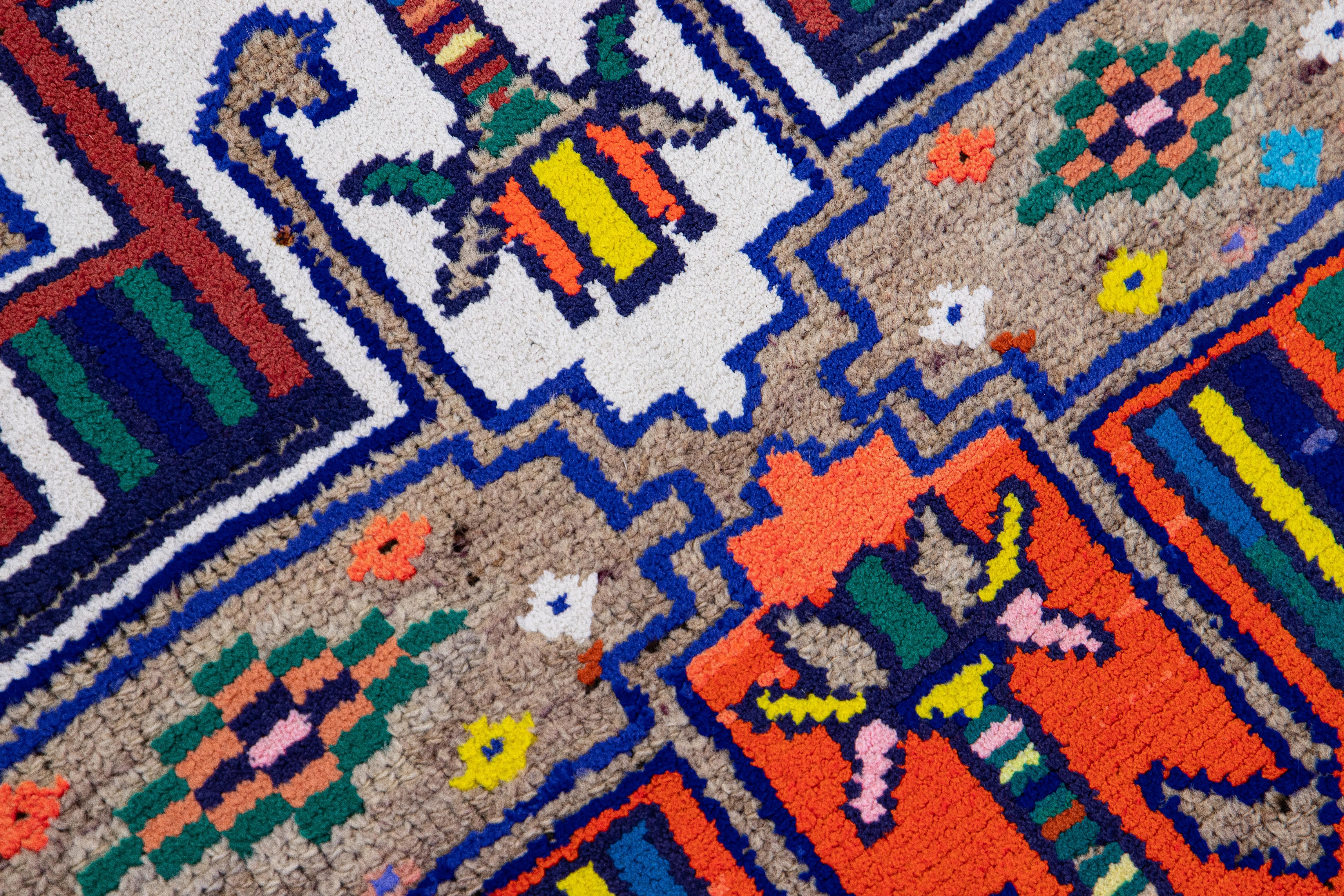 Tan Vintage Turkish Handmade Multicolor Tribal Pattern Wool Runner For Sale 1